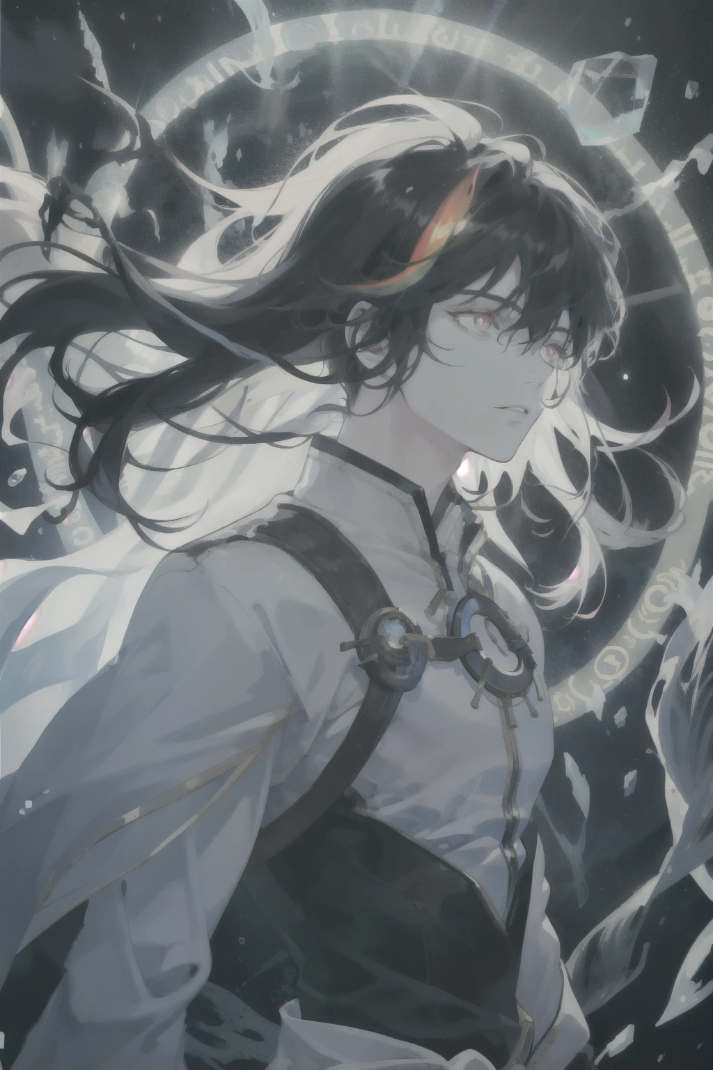 masterpiece, best quality, 1 male, aldult, Mature, Tall muscular man, Dark theme, Magic Circle, bubble, Rainbow Sunshine, Underwater, Reflector, Floating glass pieces, Rainbow Lights, Foam Swirl, Wind cyclone, aurora, Fantasy Landscape, Starlight around the character, (Upper Body),Black Hair,Red pupils