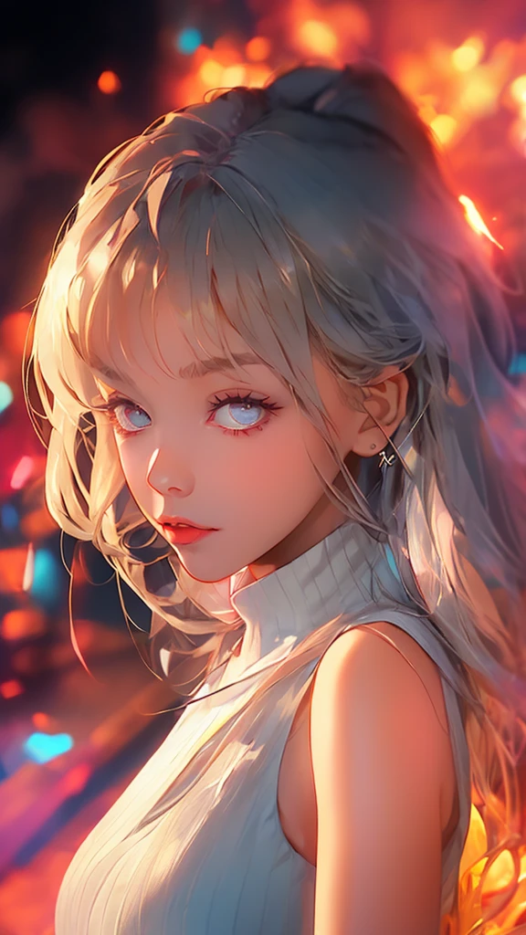 beautiful, (masterpiece:1.2), (best quality:1.2), perfect eyes, perfect face, perfect lighting, 1girl, grey sleeveless sweater, look at the viewer, (wide angle:0.8), white background, light particles,