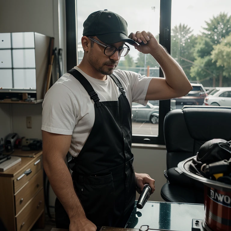 Photograph of a man with cap and glasses being an automotive window tint installer with tools.