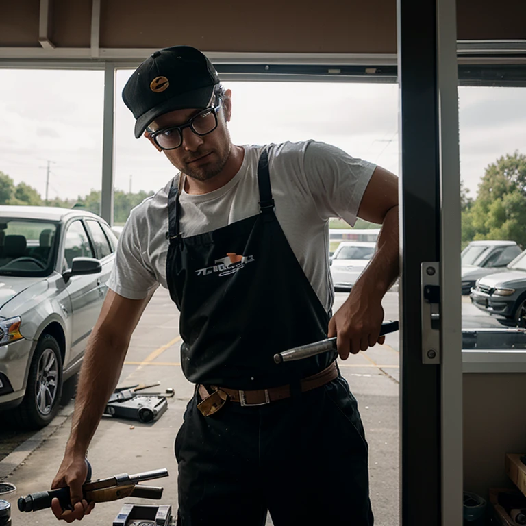 Photograph of a man with cap and glasses being an automotive window tint installer with tools.