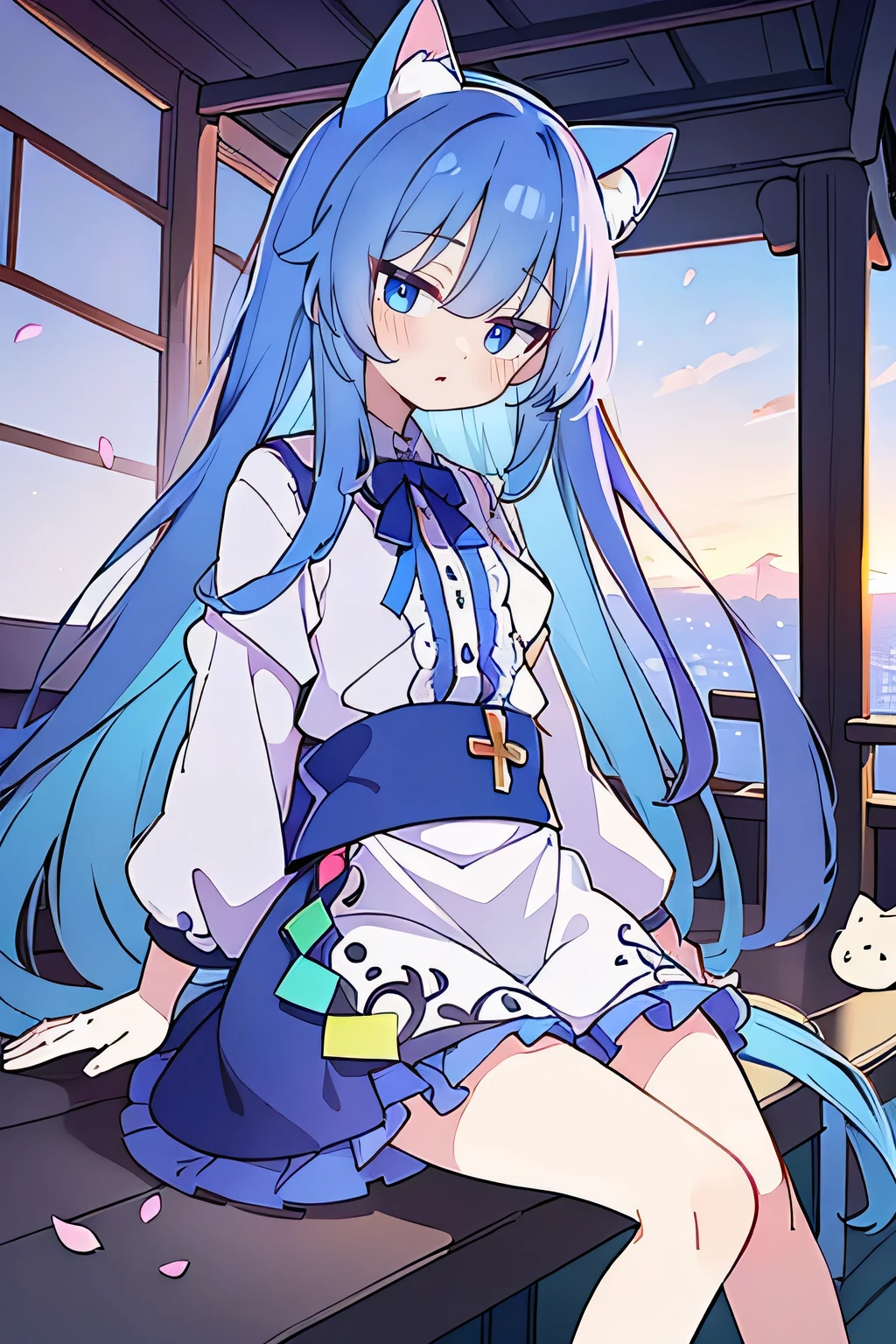 (masterpiece:1.2),Super detailed,Practical,expressive eyes,Fair skin,Perfect face shaping,1 Girl,
Japanese cartoons,Gorgeous blue hair, the long flowing blue hair,Floating clothes,Cat ears,Petals falling,beautiful lola,Young Angel,
Hands on waist,sit elegantly on the ground,Cross your legs,Gentle and peaceful background,Cool and cozy pavilion,Sunset,