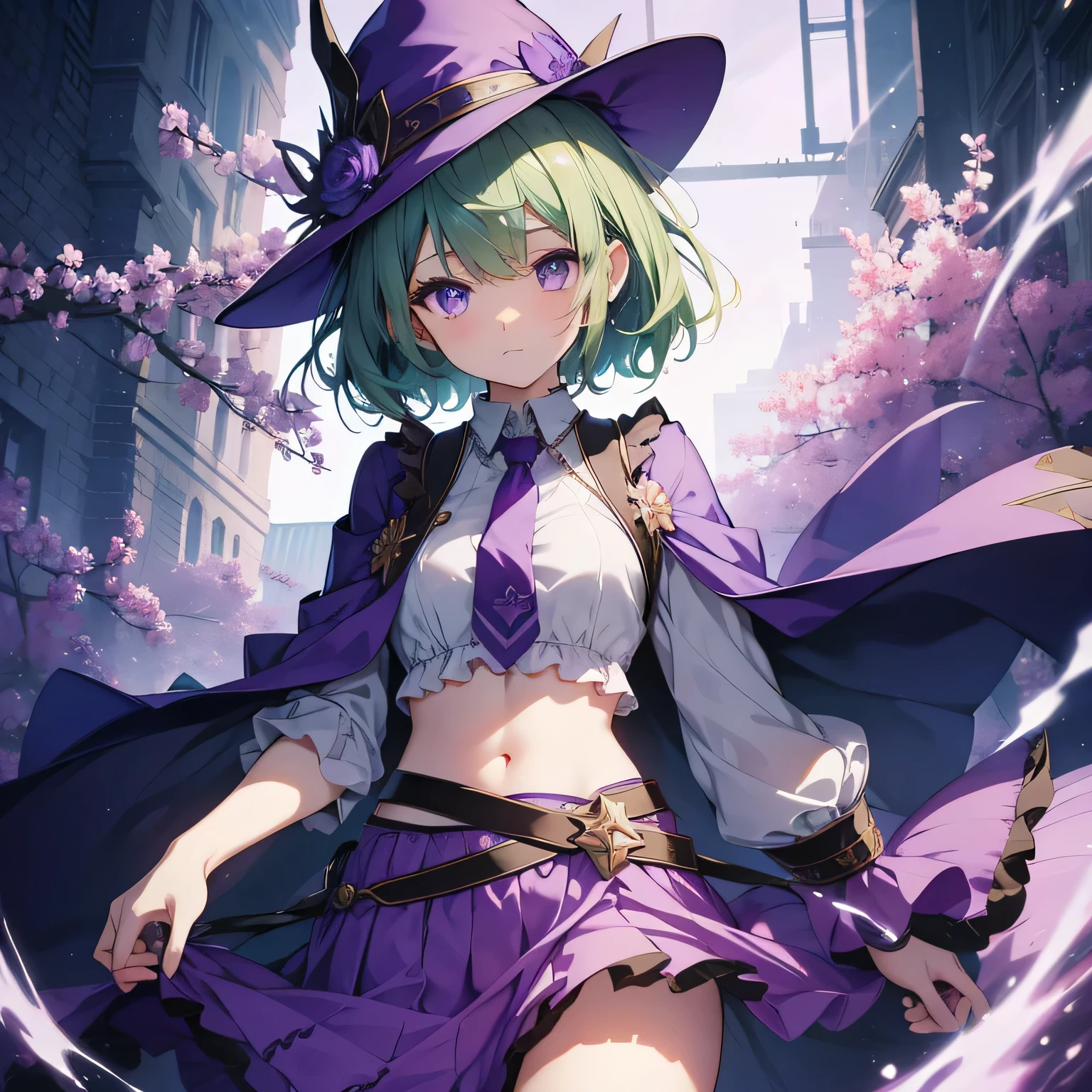 highest quality、Very delicate and beautiful、Highest quality、Beautiful eyes、Clear eyes、Purple Eyes、Green Hair、Short-haired、(Purple Witch Hat)、Purple tie、I、Short sleeve、Purple Skirt、belly button