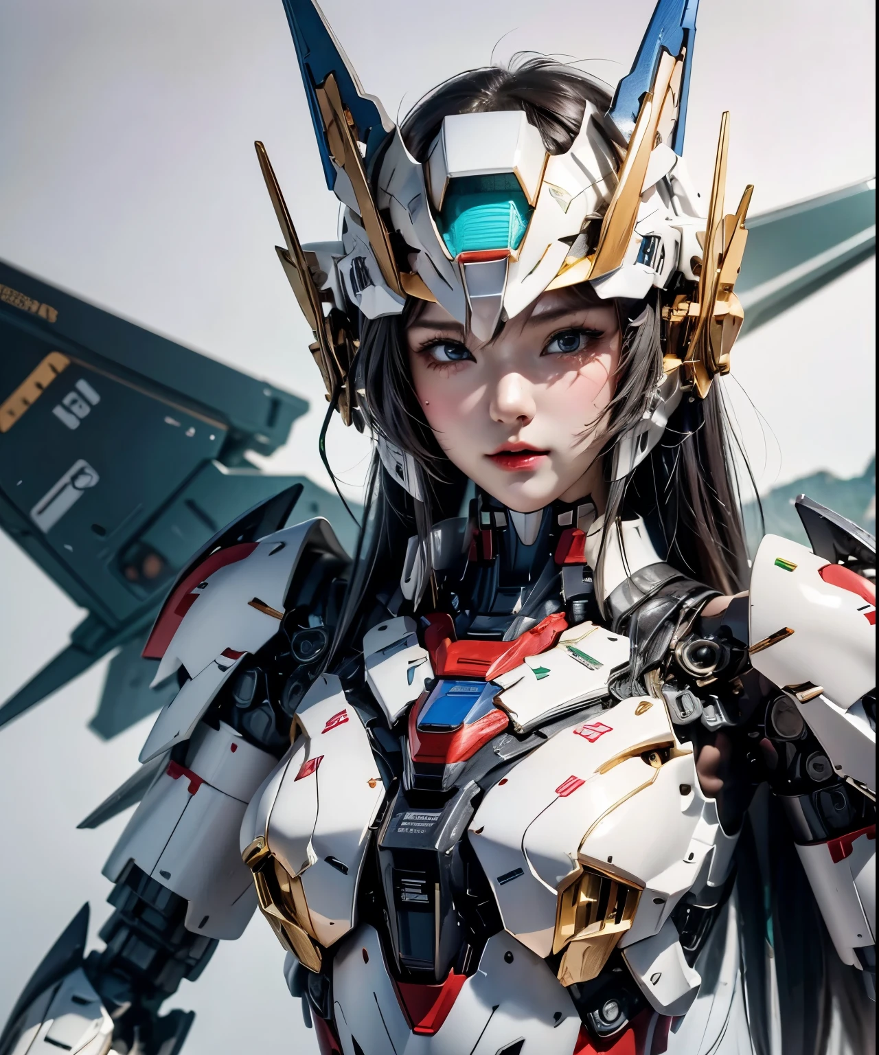 Textured skin, Super Detail, Attention to detail, high quality, 最high quality, High resolution, 1080p, hard disk, beautiful,(Gundam),beautifulサイボーグ女性,Mecha Cyborg Girl,Battle Mode,Girl with a mechanical body,She wears a futuristic Gundam mecha,Full Body Shot