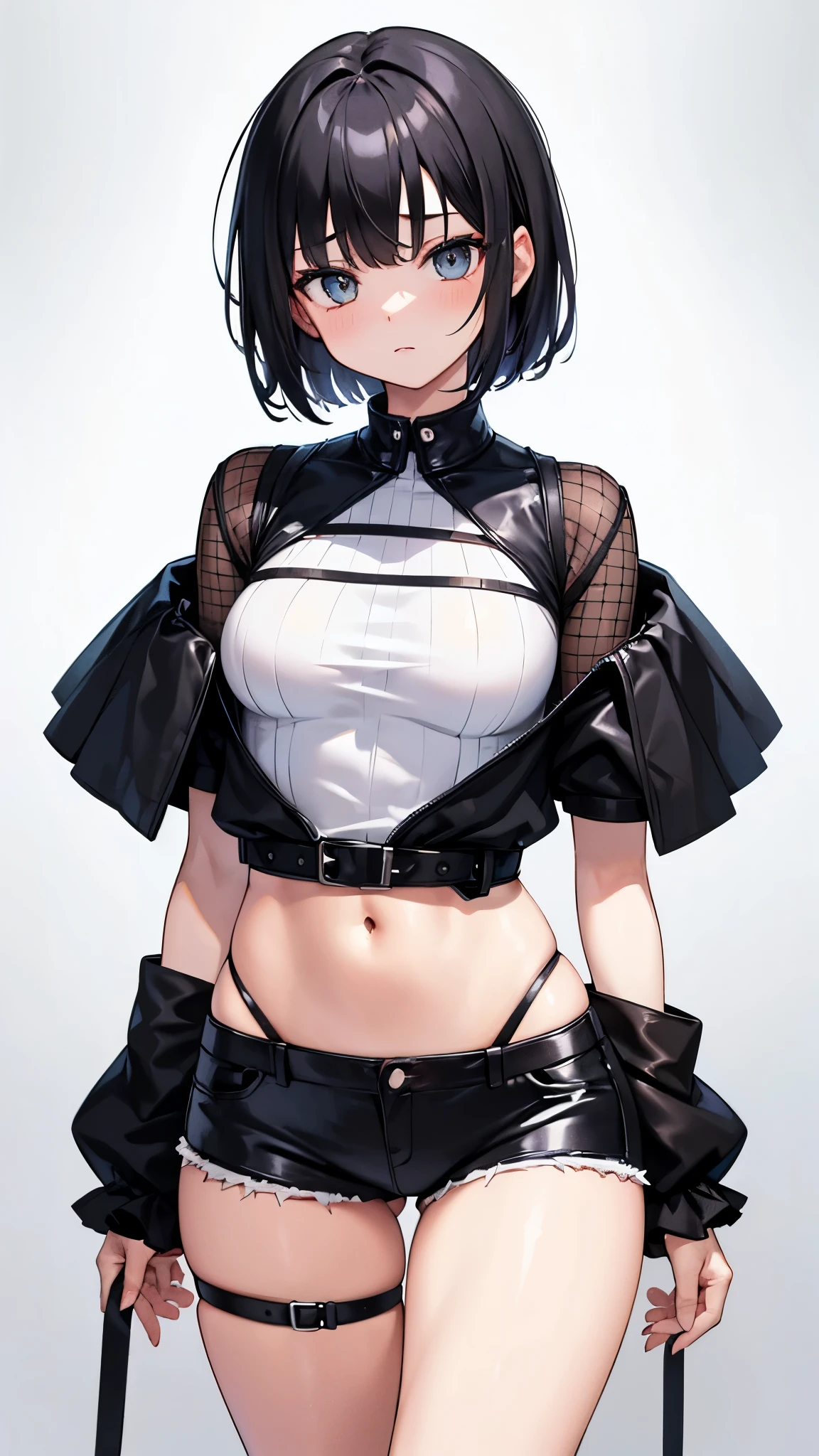 1 girl, high quality, bob hair, black hair, forehead, green eyes, medium breasts, white clothes,(straps on thighs:1.3), simple background, high gloves, pantyhose, cameltoe, cat tail, cat ears, (lace:1.2), big nipples,(sweaty:1.3)