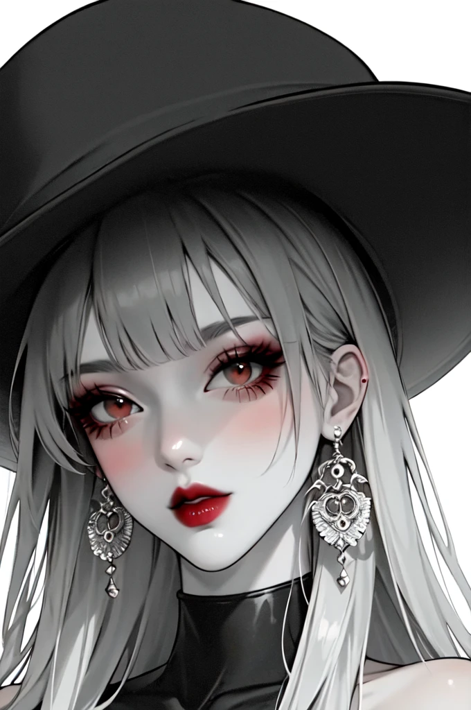 1girl, sunglasses, solo, hat, lipstick, red lips, long hair, dress, plunging neckline, makeup, monochrome, white background, earrings, cleavage, jewelry, upper body, spot color, hair over shoulder,dark theme,shiny,shiny skin,milf,(mature female:1.2), 
