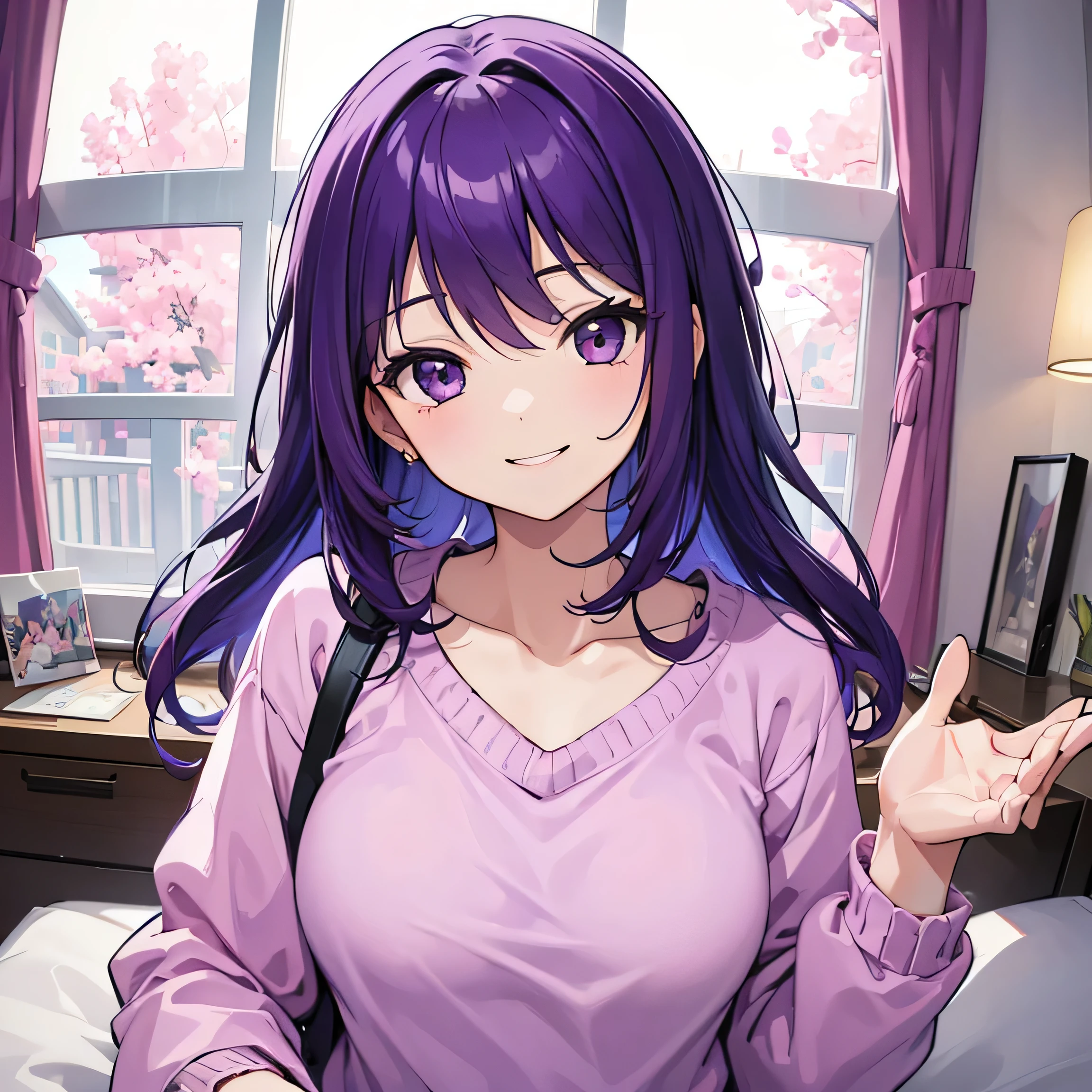 (T Masterpiece,4k wallpaper,Best Quality))、((girl1people))、(solo)、Bright and Brilliant,(Purple Hair)、(Shortcuts:1.3)、smile、Bedroom、sweater、morning