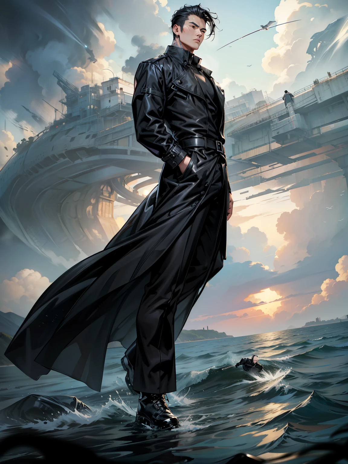 boys 26 Years old, Serious face, black hair, flowing hair, wearing matrix long trench coat, ((black shirt)), black pants, high cut boots, levitate on water, ocean