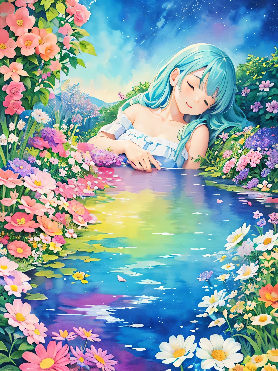 Hayao Miyazaki style、8K Quality、Intense watercolor, Detailed watercolor art, Watercolor splash, Surreal, avant-garde pop art, Beautiful and expressive paintings, Beautiful artwork illustration, Very colorful tones, wonderful, Cool beauty, highest quality、Official Art, Vector art, Stylish design, ((The most beautiful girl of all time)), (((highest quality))), HDR, ((detailed)), (((Doodle Art)), ((masterpiece)), ((Super detailed)), (((Colorful flowers))), Midsummer Night Sky, (((sleaping)))