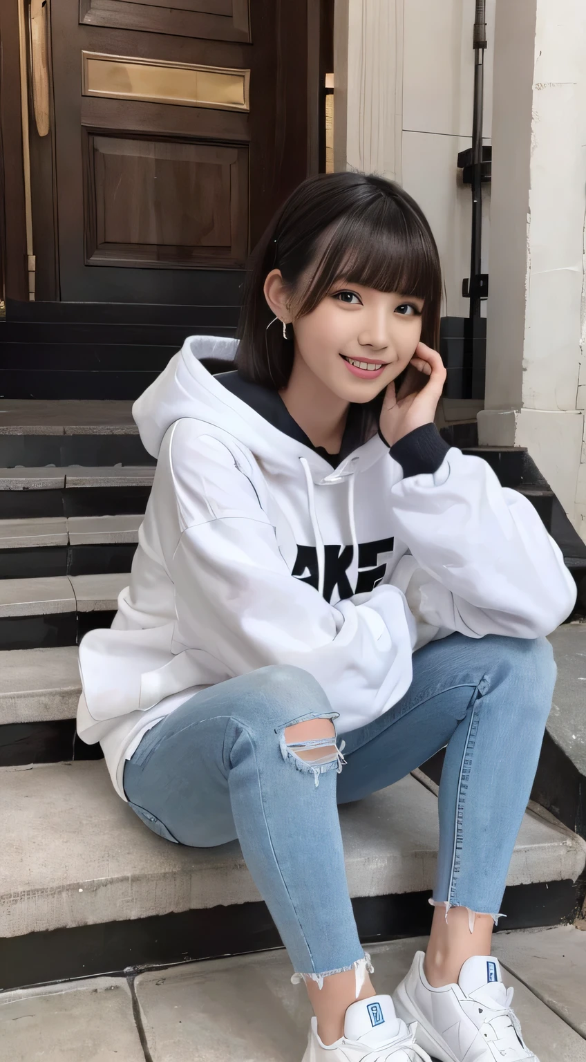 highest quality, Realistic, Very detailed, Finer details, High resolution, 8k wallpaper, One beautiful woman,Sit on the stairs、(Wear black socks)smile、(Beautiful teeth alignment、)(Gums are visible) Oversized hoodie, Skinny jeans,( Black sneakers)、Black Hair、 Beautiful Bangs、ear piercing、Perfect dynamic composition, Beautiful and detailed, Full Body Shot, A big smile