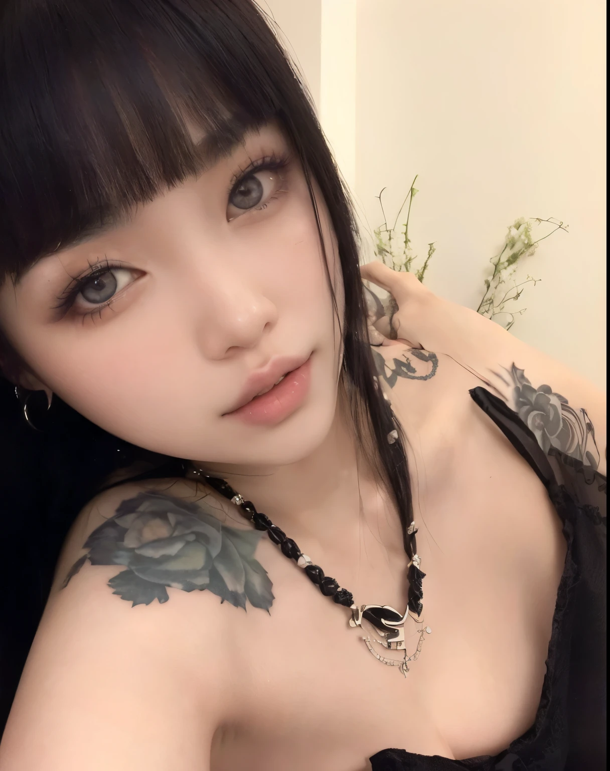 Arafed Asian woman with a tattoo on her arm and chest., cruel korean gothic girl, ojos oscuros y penetrantes, ulzzang, kanliu666, de chica taiwanesa con tatuajes, asian girl, Lalisa Manobal, con ojos ansiosos y penetrantes, muchacha coreana, 🤤 girl portrait, ojos claros y penetrantes, pale and light skin!!, hermosos ojos penetrantes