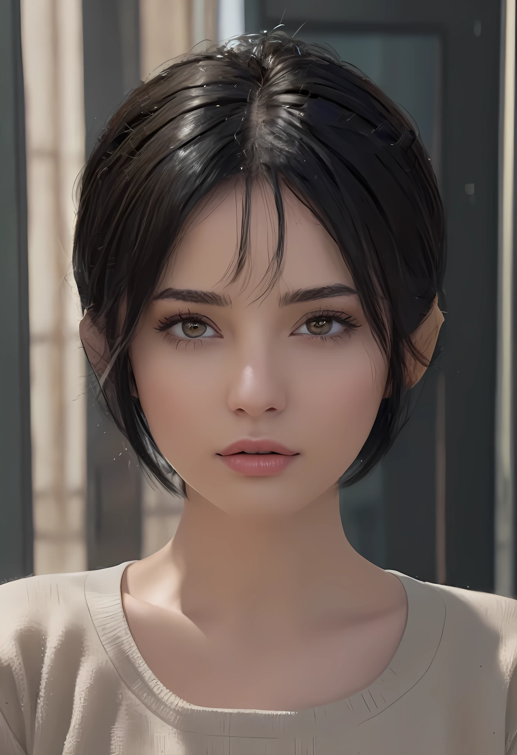 (masterpiece:1.3), (8k, photorealistic, RAW photo, best quality: 1.4), (1girl), beautiful face, (realistic face), (black hair, short hair:1.3), beautiful hairstyle, realistic eyes, beautiful detailed eyes, (realistic skin), beautiful skin, (sweater), absurdres, attractive, ultra high res, ultra realistic, highly detailed, golden ratio