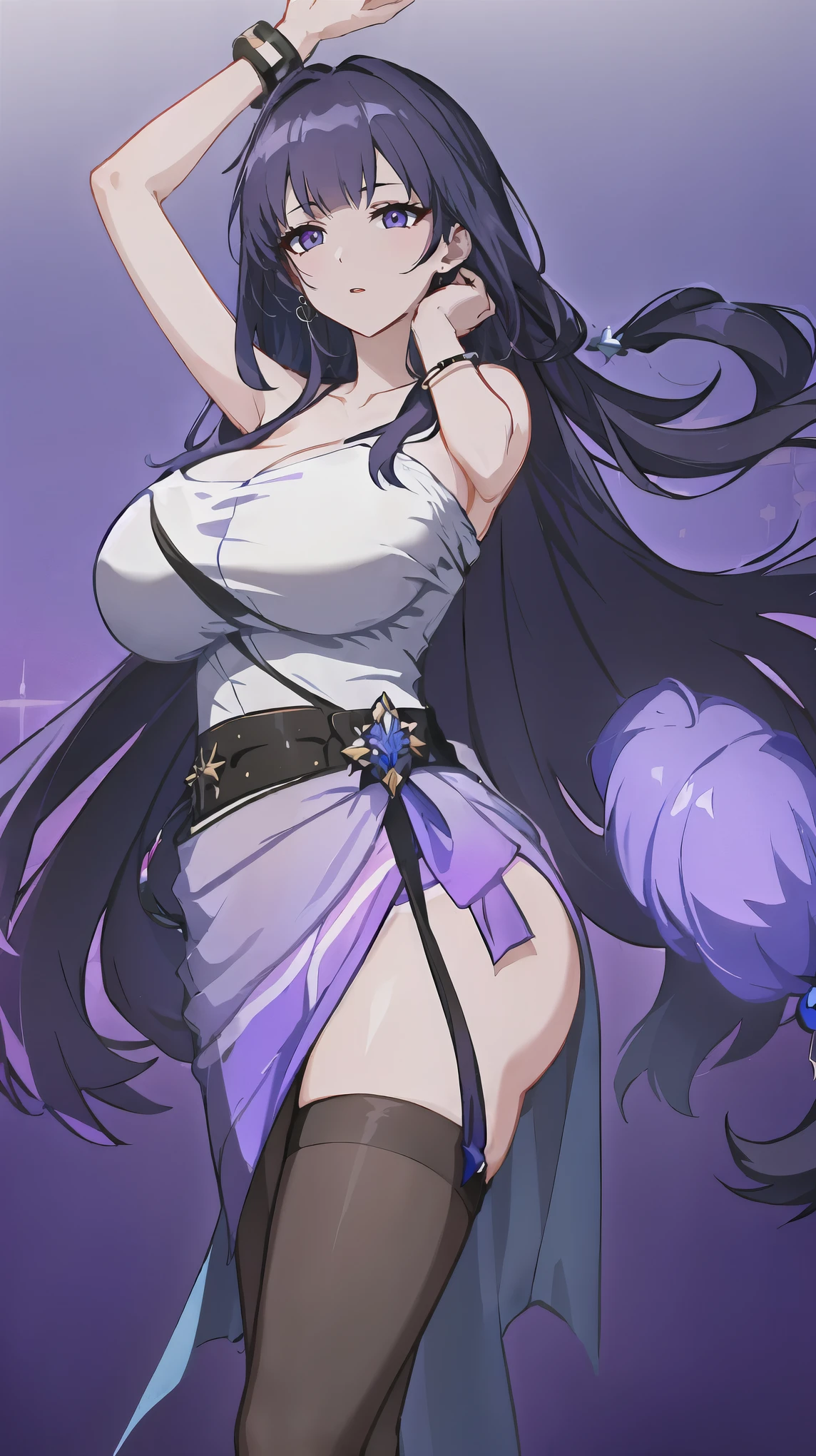 tmasterpiece,Best quality,extremely detaild CG unified 8k wallpapers, tmasterpiece, Best quality, CG, optics ,Raiden Mei (((Honkai Impact 3rd))),detail processing,((Purple pupil)),headgear, Purple long straight hair,((,MILF,A mature woman)),Huge breast,Intimacies,eventide,Clear face,face expressionless,bangle,((dancer/transparent sarong)), Black stockings,((fur straw shawl))