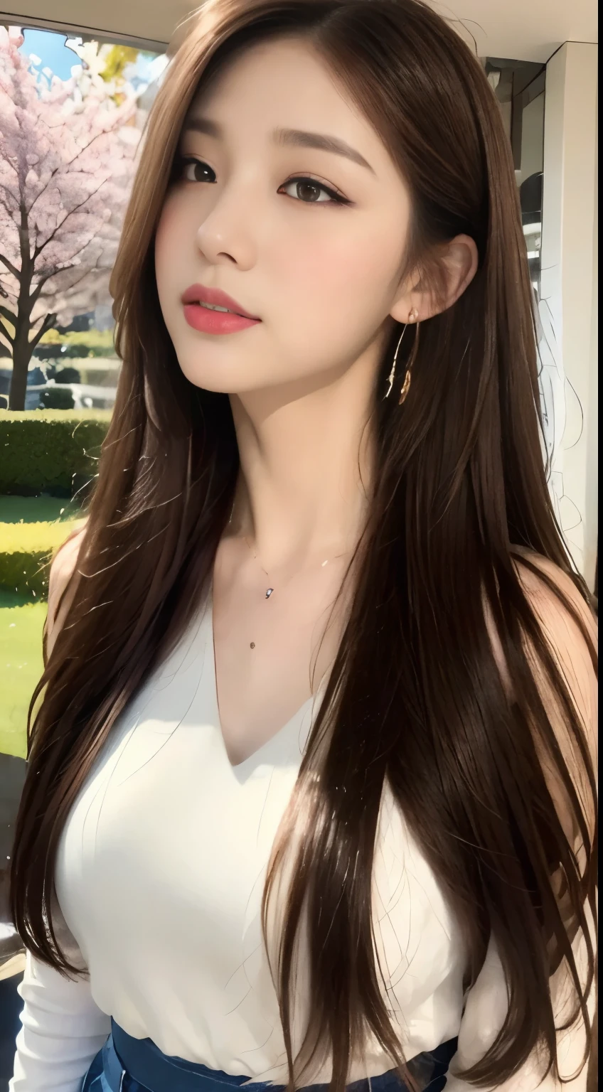 ((highest quality, 8k, masterpiece :1.3)), One girl, Open your mouth, Angry face, Red lipstick:1.2,Dark lipstick:1.2,Slim face, Beautiful woman, Big Breasts:1.3, Highly detailed face, double eyelid, spring, sunny, null, nature,garden,cherry blossoms,looking at the camera,White loose blouse,flare skirt,(masterpiece: 1.3), (Maximum resolution: 1.4), (Ultra high definition: 1.2), Cinematic Light, Ultra high definition, (Detailed eyesと肌), (Detailed facial features), 8k resolution, Perfect Style, Beautiful expression、Highly detailed face and skin texture、Detailed eyes、Glitter Eyeliner:1.2、Thin cheeks、((Pure white skin:1.1)),Glossy Lips:1.2、((Full Body Shot:1.2)),(Straight Hairstyles、Light brown hair)、One-length long hair、175cm,From below