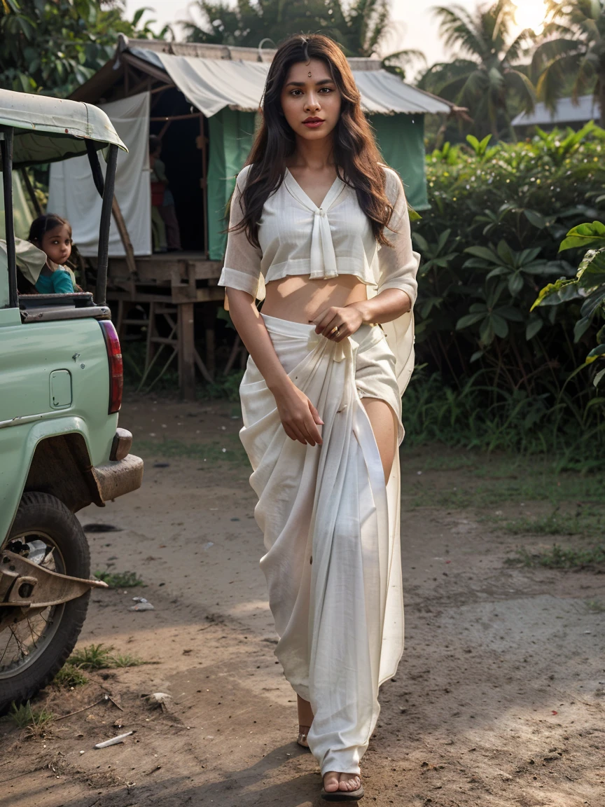 All side green Nature, center mud road, road side one hut, childrens are playing game, ((dress code for kids Trouser and baniyan)), climate Sun set, 1 women walk in the way, ((Dress code white saree, and Black blouse)), Sexy look long hair, Red lip,