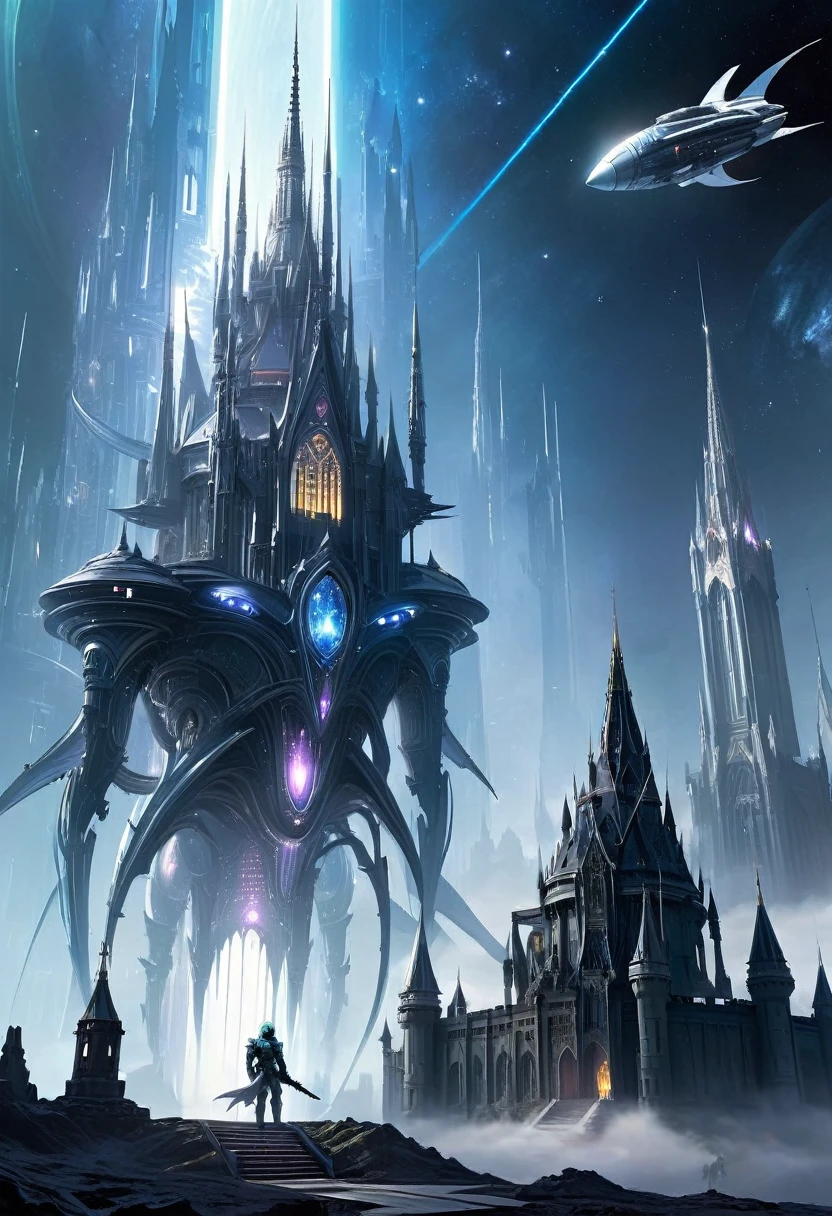 Translucent ethereal alien warrior,In the background is a huge high-tech mobile Gothic castle,space station
