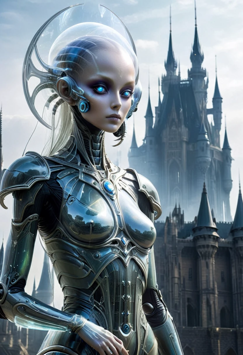 Translucent ethereal alien warrior,In the background is a huge high-tech mobile Gothic castle，space station