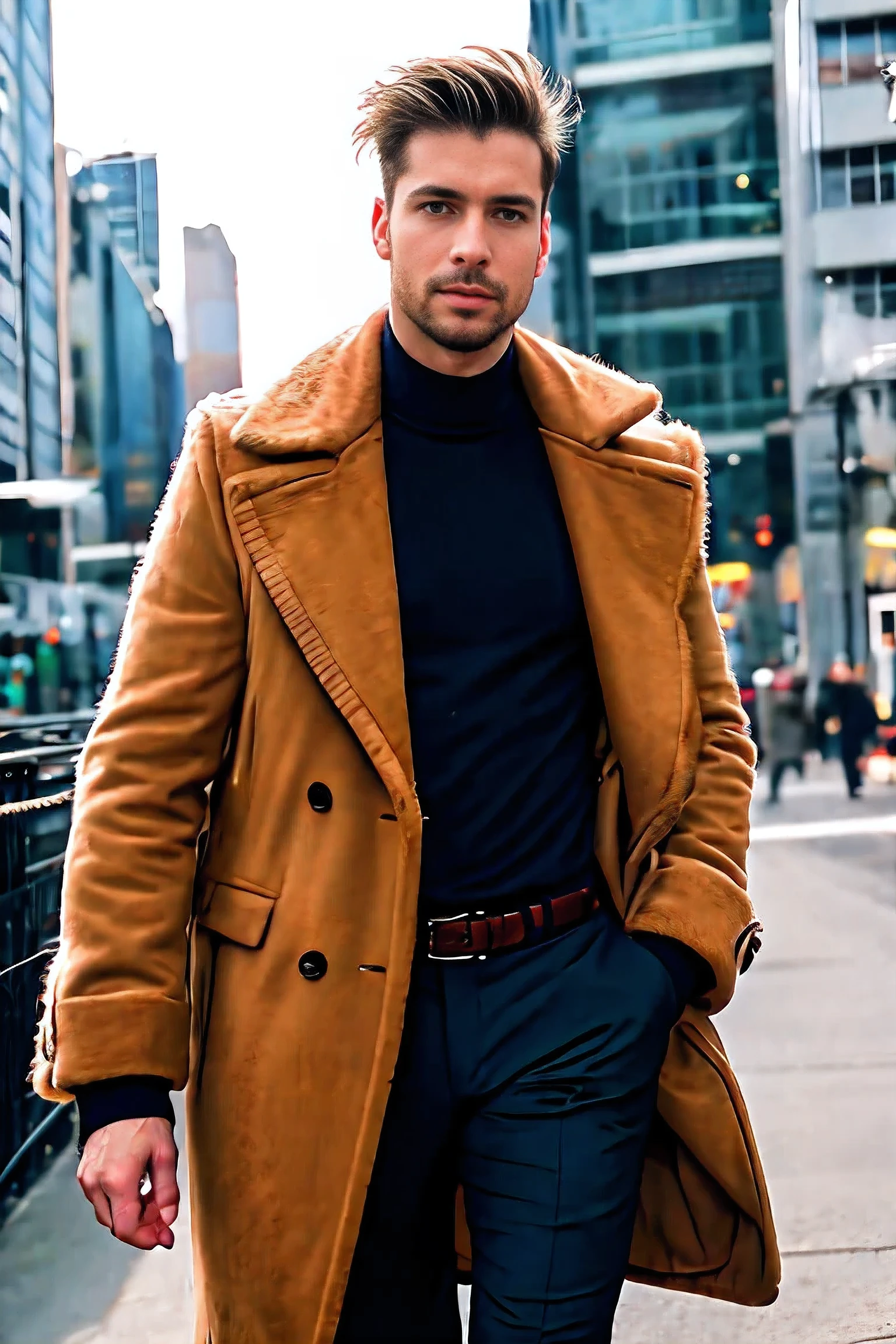 handsome male,solo,Casual dress,feather coat,dutch angle ,commercial area
