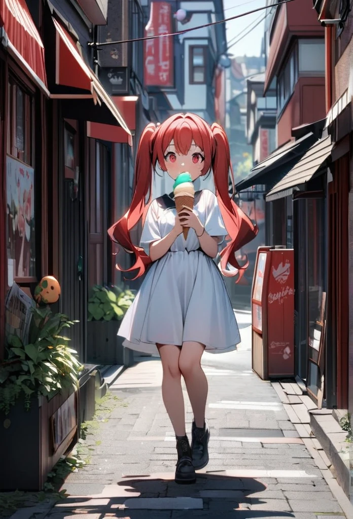 High quality, high definition, hig
h precision images,8k 1 Girl Robot Girl、red hair,Twin tails,Red eyes、Scenery around town, cute red and white cloth, eating ice cream deliciously.Ice cream is stuck around the mouth、Full body view,smile、looking at the camera