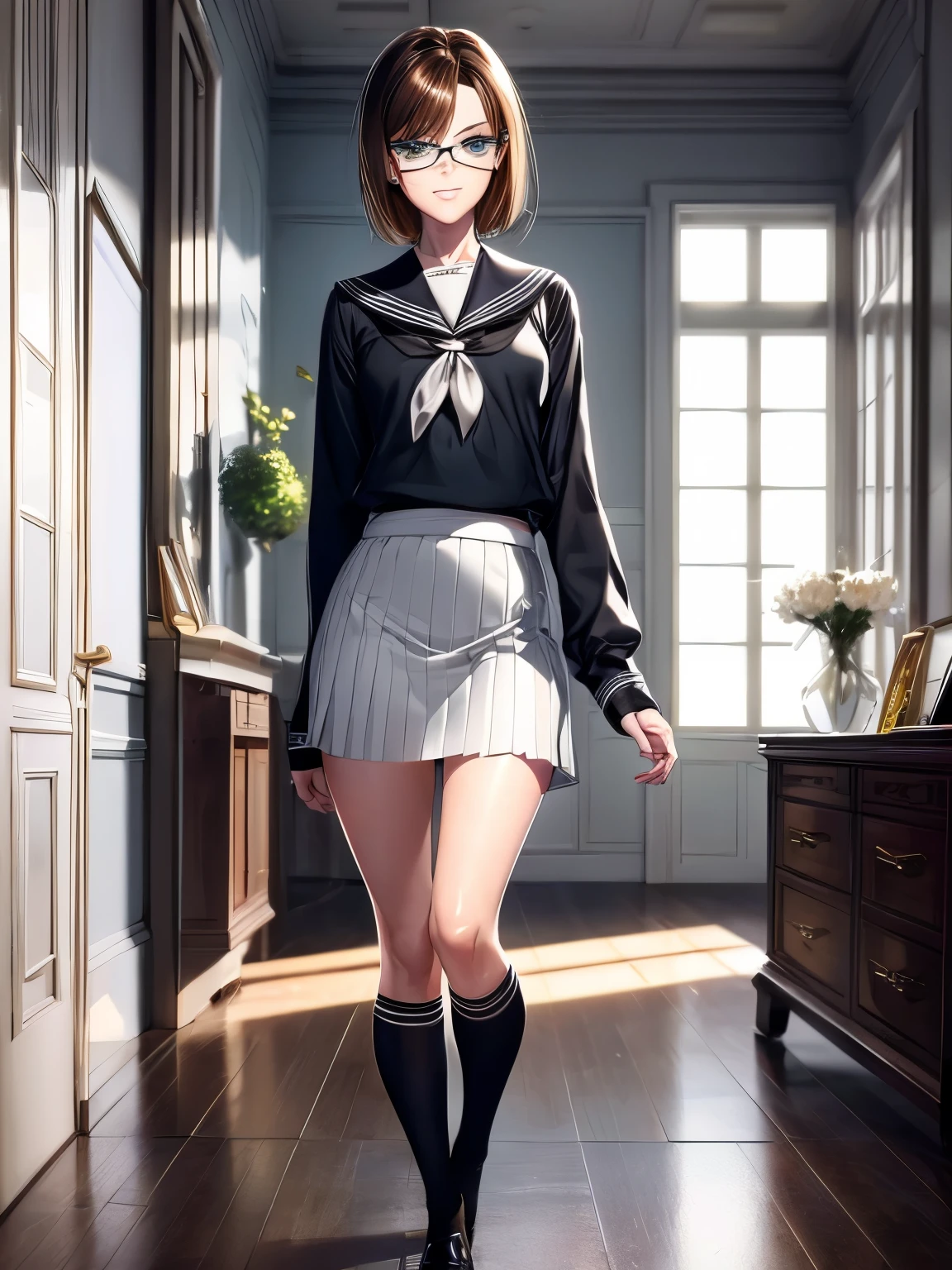 {{masterpiece}}}, {{{School Uniform}}}, {{{best quality}}}, {{ultra-detailed}}, {cinematic lighting}, {illustration}, {beautiful detailed eyes}, {1boy} [Femboy] (indoors), inside a bedroom, extremely detailed character ultra-detailed, detailed face, beautiful young teen, solo, perfect face, perfect eyes, smoky eyeliner, eyeshadow, sharp focus, intricate details, ultra detailed body, ultra detail hair, ultra detail face, short straight brown hair, sadistic face, standing, wearing a white school sailor uniform, wearing a skirt, glasses, fair skin, hands at side, looking at viewer, green eyes, short dark brown hair, smirking, slim waist, delicate body, wearing women's clothes, flat chest, average height, sadistic, sharp face, cowboy shot, full body, highly femininize 