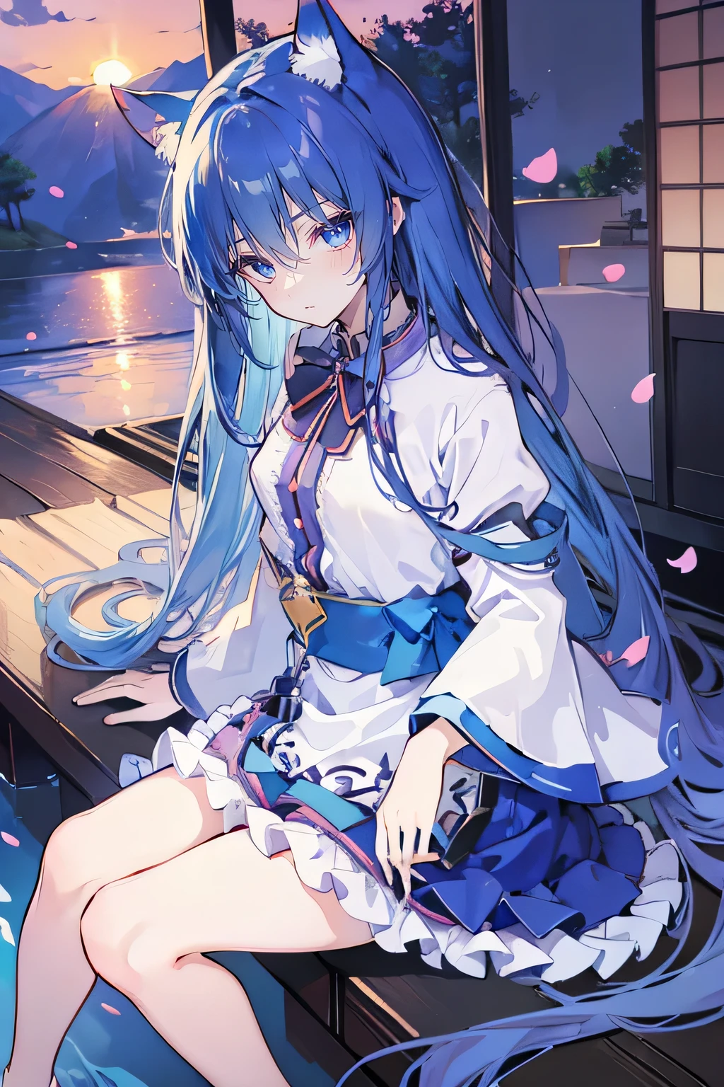 (masterpiece:1.2),Super detailed,Practical,expressive eyes,Fair skin,Perfect face shaping,1 Girl,
Japanese cartoons,Gorgeous blue hair, the long flowing blue hair,Floating clothes,Cat ears,Petals falling,beautiful lola,Young Angel,
Hands on waist,sit elegantly on the ground,Cross your legs,Gentle and peaceful background,Cool and cozy pavilion,Sunset,