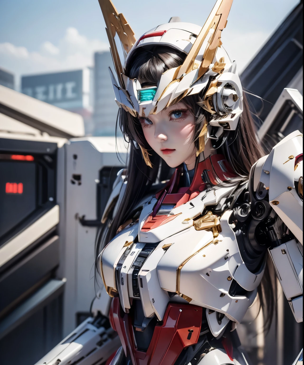 Textured skin, Super Detail, Attention to detail, high quality, 最high quality, High resolution, 1080p, hard disk, beautiful,(Gundam),beautifulサイボーグ女性,Mecha Cyborg Girl,Battle Mode,Girl with a mechanical body,She wears a futuristic Gundam mecha,Full Body Shot