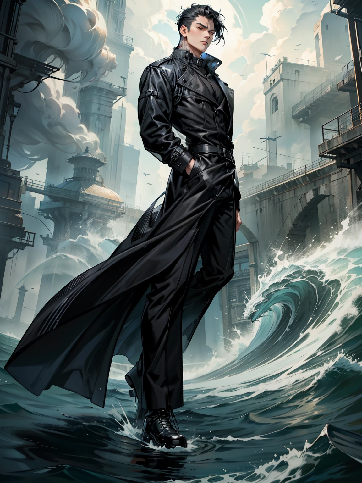 boys 26 Years old, Serious face, black hair, flowing hair, wearing high collar long trench coat, ((black shirt)), black pants, high cut boots, levitate on water, ocean