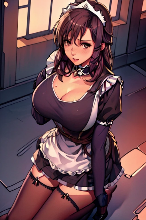 (masterpiece, best quality), 1 Girl,, Large Breasts, [Cleavage]]Huge sagging breasts,cleveage, The chest is more exposed ,   Maid headdress, maid outfit, Black gloves, Black over-the-knee stockings, High heel