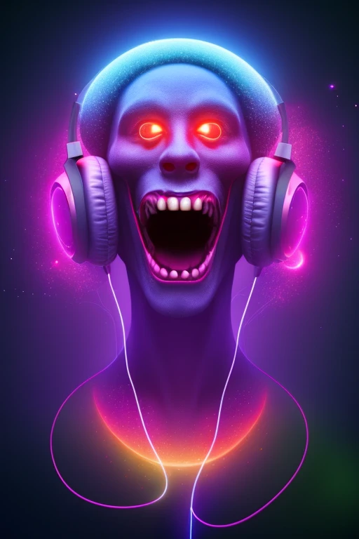 Scary Monster with headphones vibin music with magic melody particles