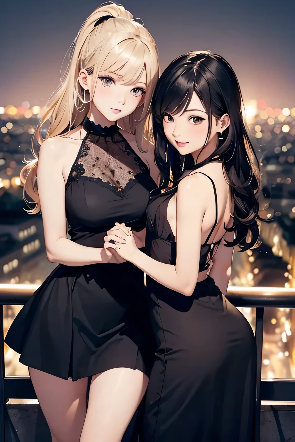 highest quality、High resolution、Detailed Background、(Beautiful face in every detail:1.4)、Anatomically correct、(Draw the usual number of fingers:1.2)、(Detailed facial expressions)、(Detailed eyes:1.2)、(Detailed eyes:1.2)、Beautiful, smooth skin、Beautiful women in their 20s、(Highly detailed face:1.4)、cute hair color、Bobcut、Braided long hair、Wavy Hairstyle、well-groomed eyebrows、cute eye makeup、Cute Lip Makeup、Perfect body line、Night view spot、Cowboy Shot、

(Two beautiful women having a good time on a night view date:1.5)、

The Eiffel Tower, a symbol of Paris, is lit up at night, offering a beautiful night view.、The view of Paris from the Eiffel Tower is particularly spectacular, attracting many tourists.、

Choose a dress with floral or lace designs、It is a good idea to choose a dress in pastel or soft colors.、Wear heeled sandals or pumps to add a feminine touch.、
For an elegant look, we recommend pairing a silk or satin top with a flared or tight skirt.、
For tops, choose ones with open shoulders and backs or lace details to give an elegant impression.、Pair it with heeled pumps or strappy sandals for a more glamorous look.、
We also recommend choosing an all-black monotone outfit to create a chic and sophisticated look.、Pair a black top or dress with black skinny pants or a skirt、Using gold or silver accessories and bags will give you a more luxurious look.、cute