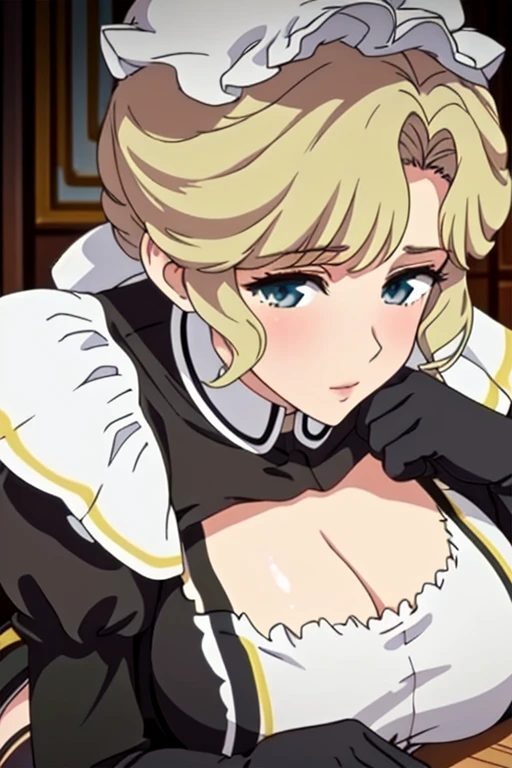 (masterpiece, best quality), 1 Girl,, Large Breasts, [Close-up cleavage]]]]Huge sagging breasts,cleveage, The chest is more exposed,   Maid headdress, maid outfit, Black gloves, Black over-the-knee stockings, High heel