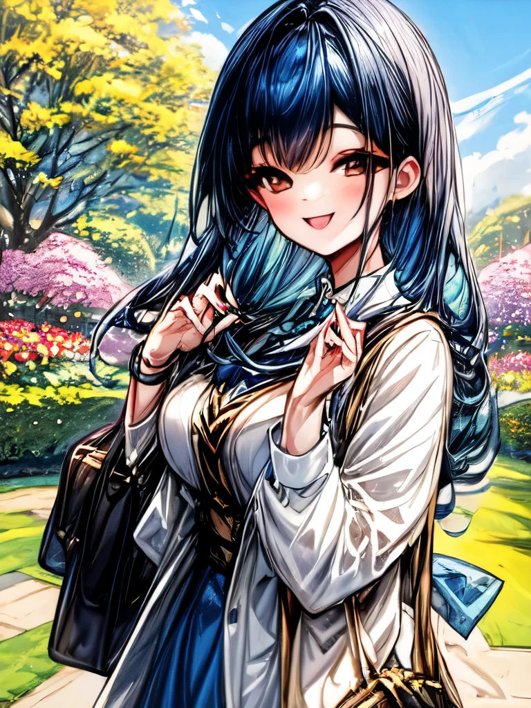 A quiet girl with dark blue hair girlwearing a cardigan with a smile on her face, standing in a sunny garden surrounded by colorful flowers.