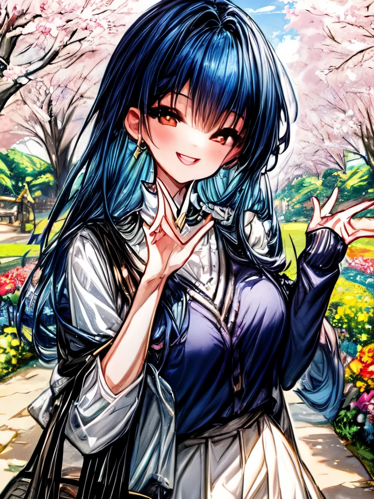 A quiet girl with dark blue hair girlwearing a cardigan with a smile on her face, standing in a sunny garden surrounded by colorful flowers.