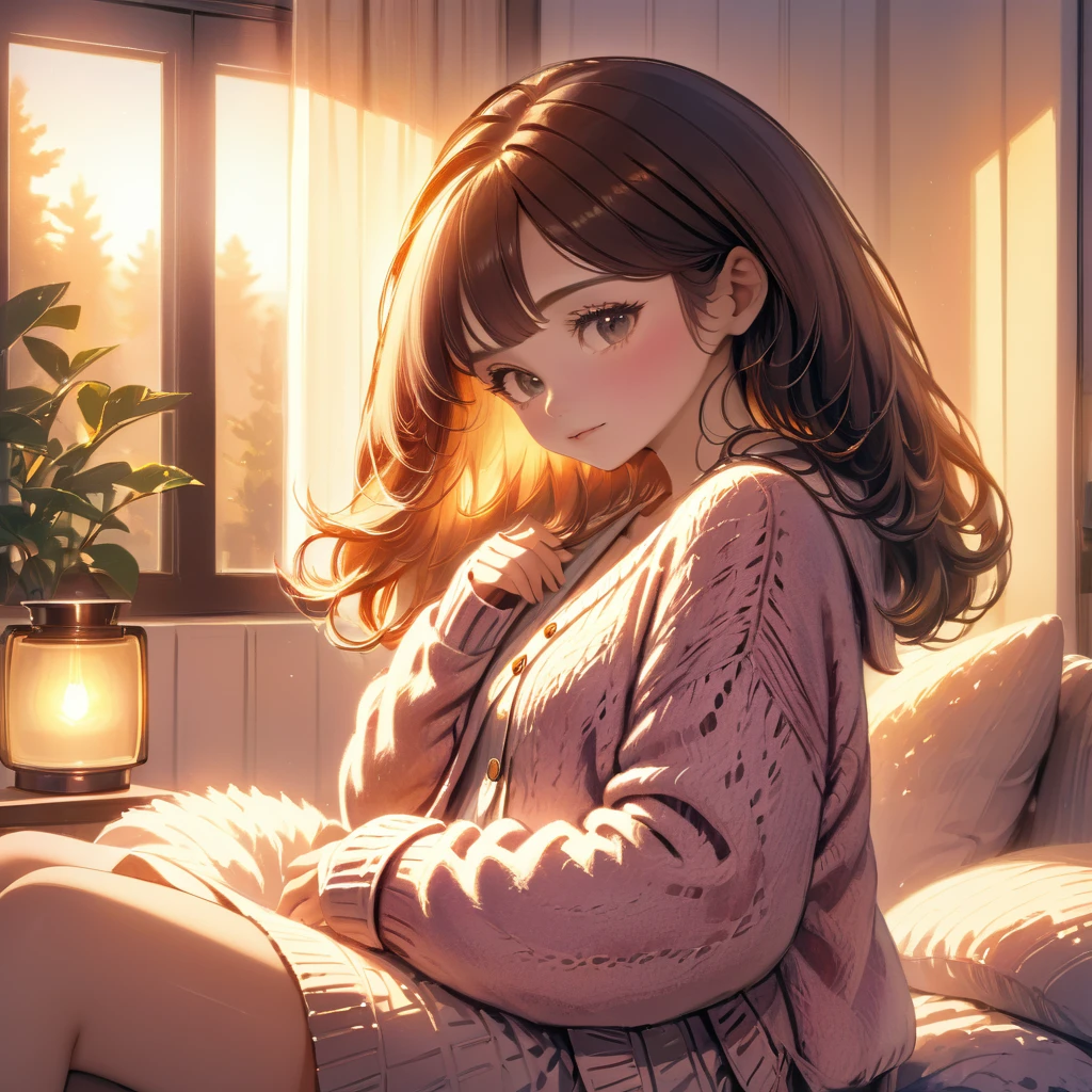 Polaroid photo, masterpiece, highest quality, One girl, Morning Relaxation, quiet, peaceful, comfortable, relaxed, Fluffy knit cardigan, Warm lighting