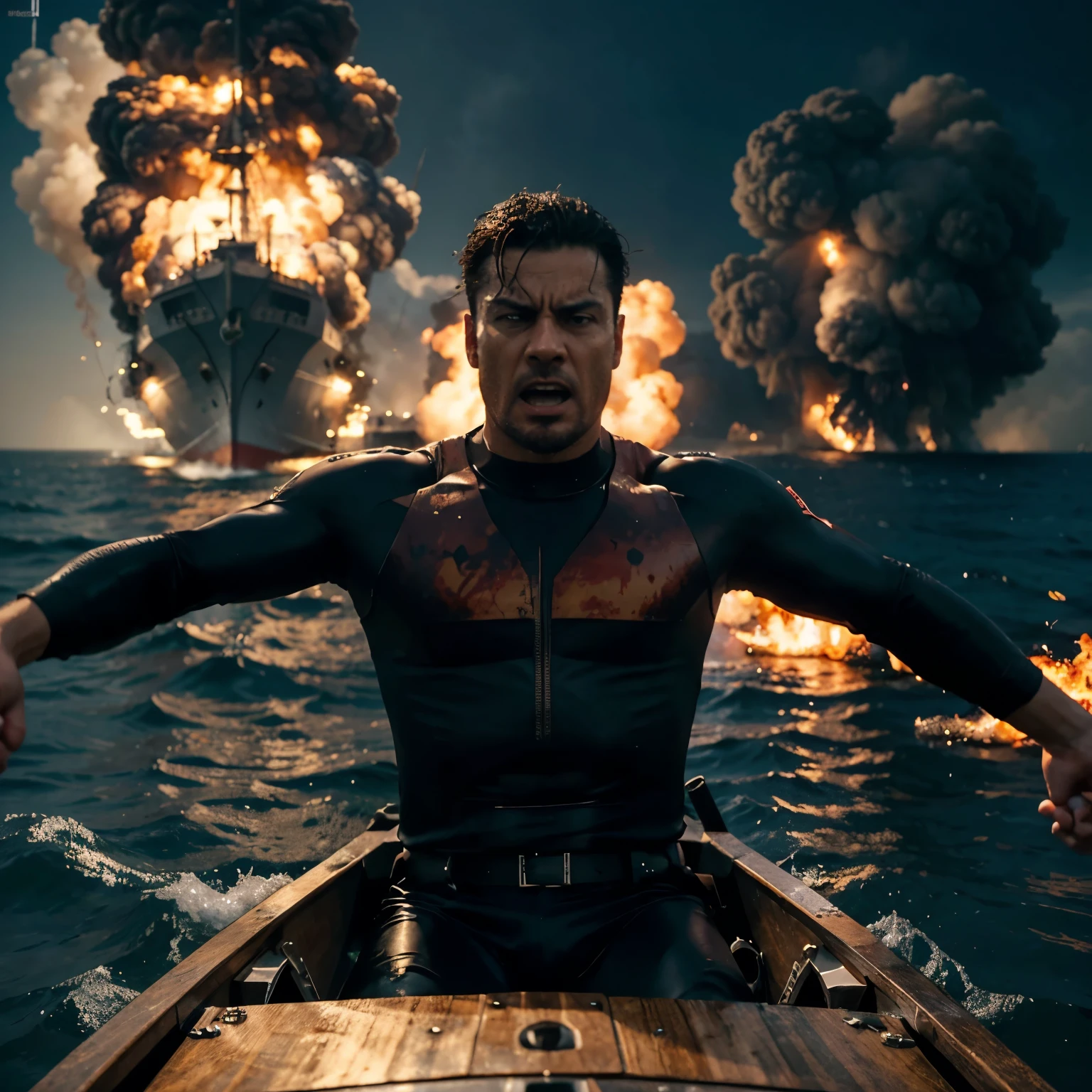 Describe a tense and dramatic moment in which a man is getting out of a boat as it explodes in the background, evoking the classic image of a villain in an action film. Focus on conveying the tension and urgency of the situation, as well as the visual and sensory details that make the scene memorable.
