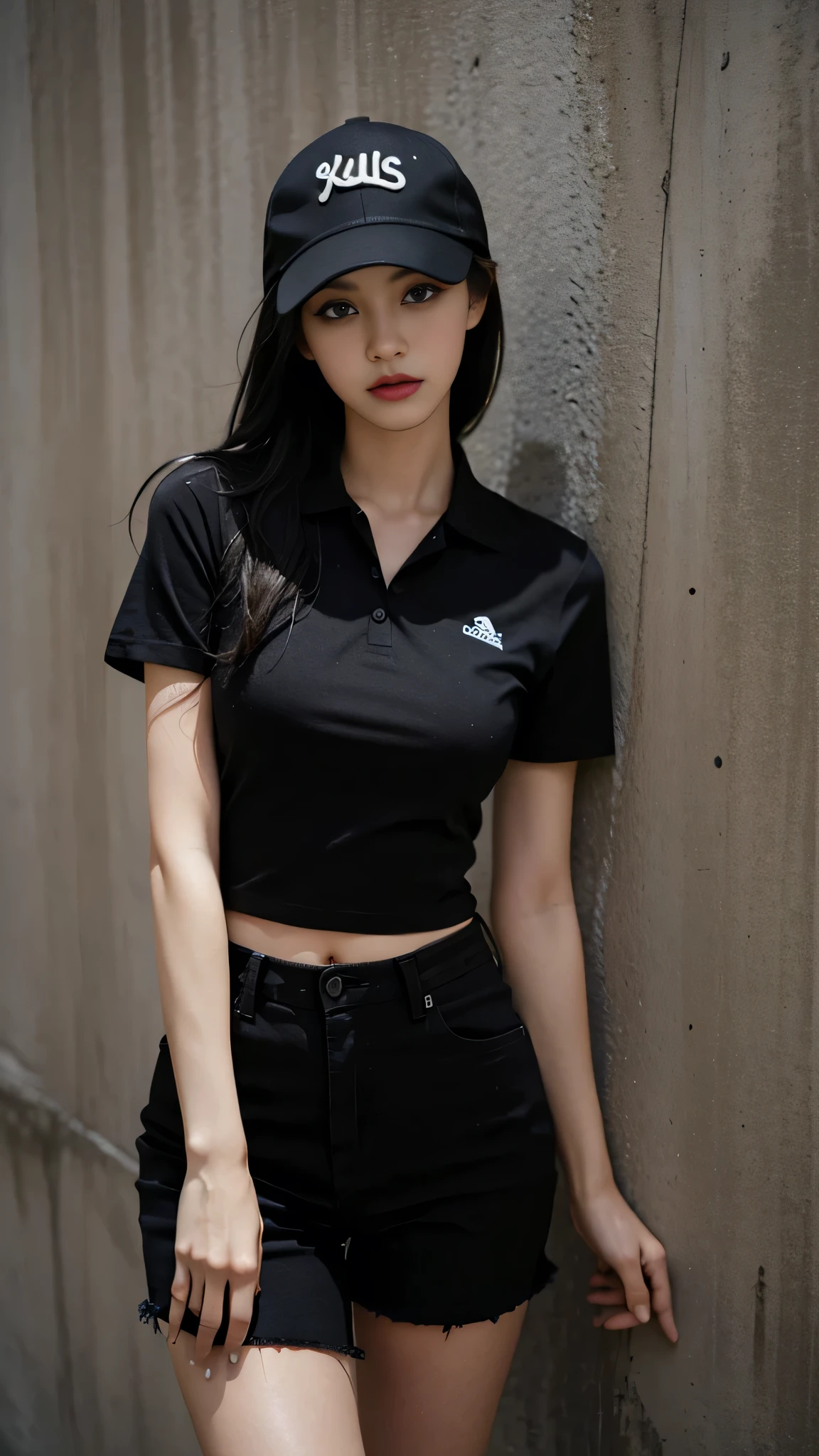 Girl in black polo shirt and jean poses for photo、full bodyesbian t-shirt、bra very、Slim body、Moderately bust、Slim girl model、18-year-old female model、Leaning against a clean wall、Wearing black sunglasses and a cap