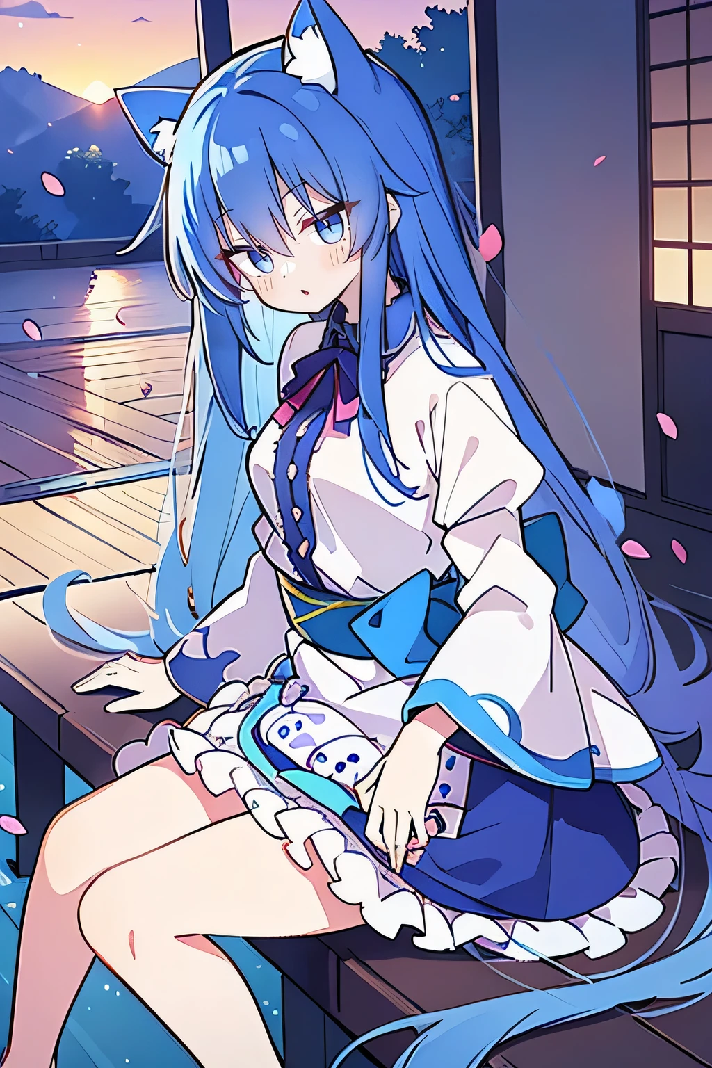 (masterpiece:1.2),Super detailed,Practical,expressive eyes,Fair skin,Perfect face shaping,1 Girl,
Japanese cartoons,Gorgeous blue hair, the long flowing blue hair,Floating clothes,Cat ears,Petals falling,beautiful lola,Young Angel,
Hands on waist,sit elegantly on the ground,Cross your legs,Gentle and peaceful background,Cool and cozy pavilion,Sunset,