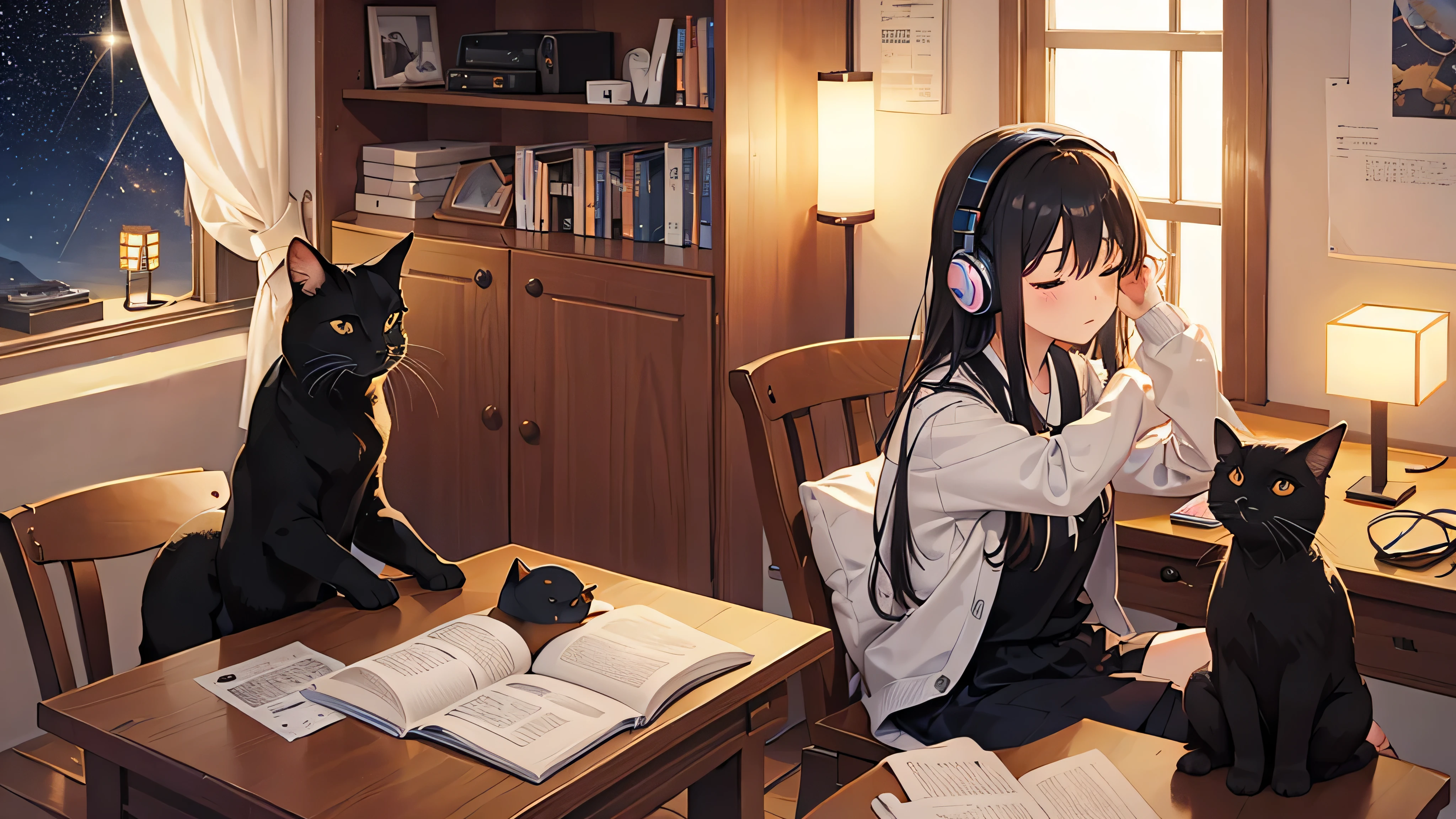 reluctant machine、Sitting on a chair、A beautiful girl studying in her room while listening to music with headphones、Warm lighting、Outside the room is a starry sky、Black cat sleeping、Japanese anime style