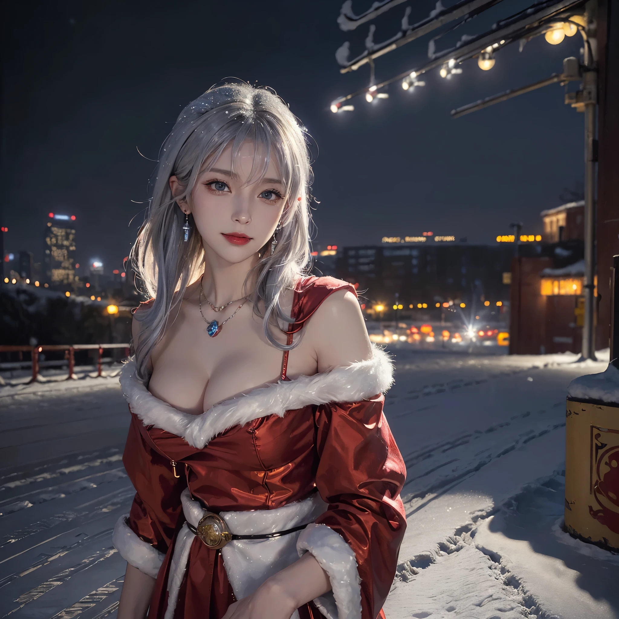 (1 Sexy Woman, Solo, Silver Hair, Short Hair, Red Santa Claus costume, Red Santa Claus Hat, Standing, From side:1.4), (Extreme-Close-Up:1.5), (beautiful and clear eyes, (Detailed Eyes, Glossy Lip, Smile, Cleavage:1.5), (Cowboy Shot:1.3), (Cityscape, Street, winter, Snow scene, Night, blurred background, :1.8), ((anatomically correct)), (Futuristic Portrait), Smile, Rim Lighting, Cinematic Light, Earrings, necklace, Look at viewer, no futuro telhado de luz neon, SSCI - FI e Fantasia, intrincado e muito bonito e elegante, altamente detalhado, pintura digital, art-station, arte conceitual, smooth and sharp focus, illustration, Arte de Tan Zi e Ayanamikodon e Alphonse Mucha e Wlop
