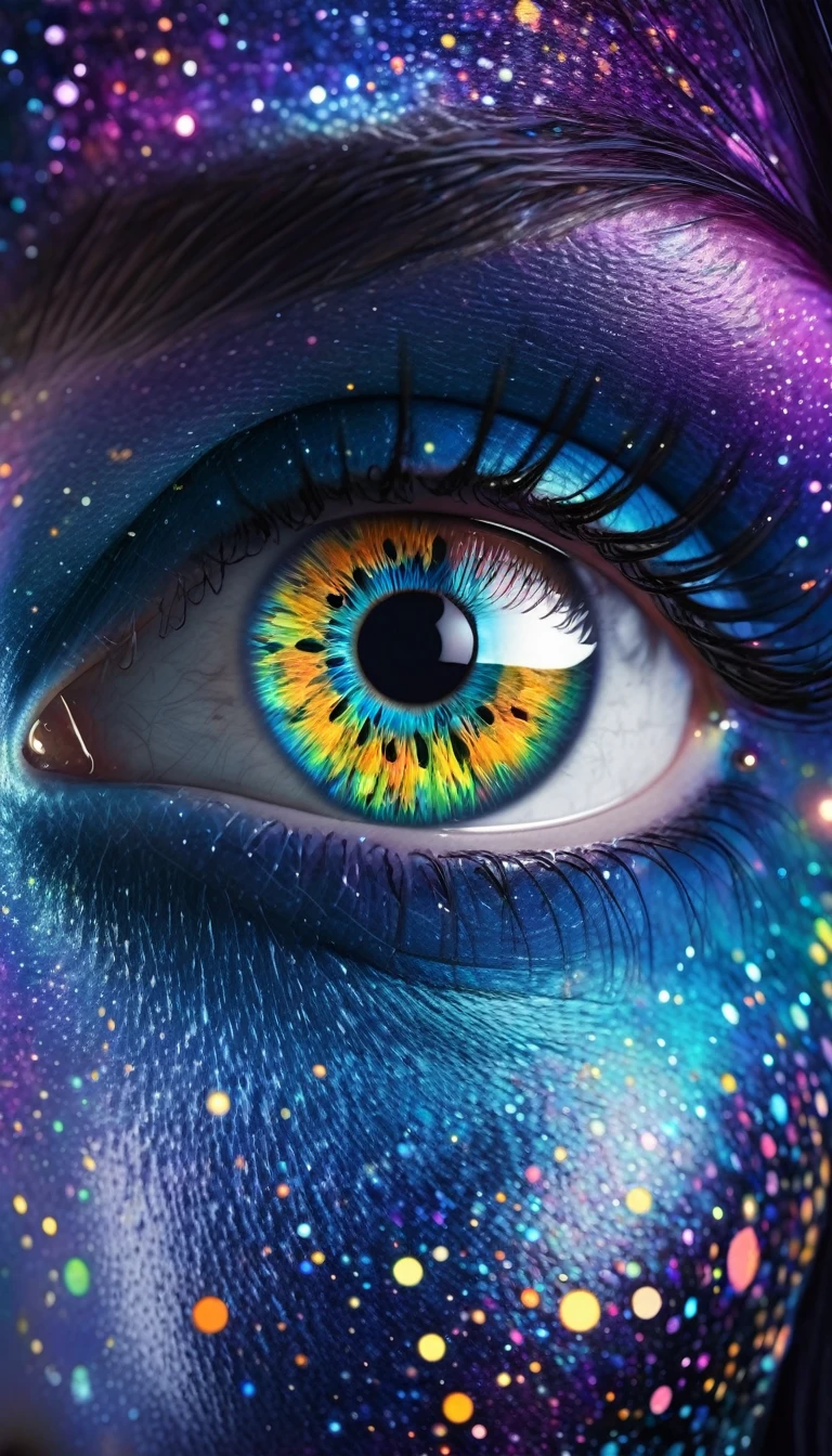 A beautiful face with big eyes, an eye made of galaxies and stars is reflected in the left eye, colorful, psychedelic style, in the style of psychedelic illustration, fantasy background, fantasy world, universe inside her head, hyperrealistic