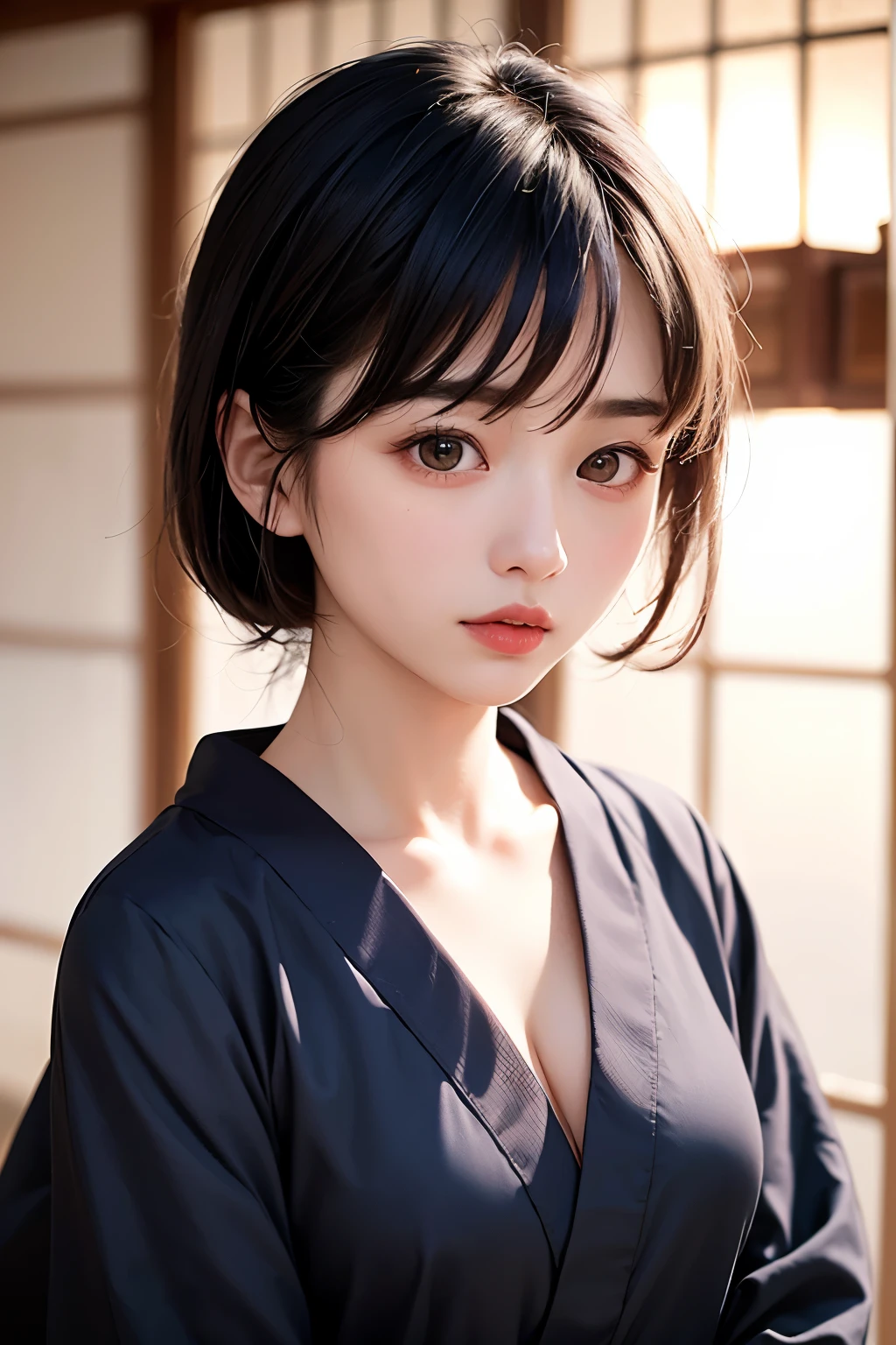 (1 nogizaka girl,raw photo,photo realistic:1.5),(best quality, high quality,HDR, highest quality,ultra high resolution,high resolution,high res,ultra high difinition,huge file size,8K,2K wallpaper,8K wallpaper,high quality texture,amazing,an extremely delicate:1.4),one girl, Japanese famous idol,beautiful face,small face,absurd,ridiculous,incredibly ridiculous,portrait,breasts close up,blurry background,(kimono,cleavage,no makeup:1.2),medium skin,beautiful skin,detailed skin,small head,black hair,silky hair,(Japanese eyes,almond eyes:1.5),detailed eyes,black eyes,Japanese idol eyes,Japanese nose,5-fingers,(eyebrow:-0.5),(Light Particles, Lens Flare, Luminous Particles: 0.7),looking at viewer,bright lighting,professional lighting,girl