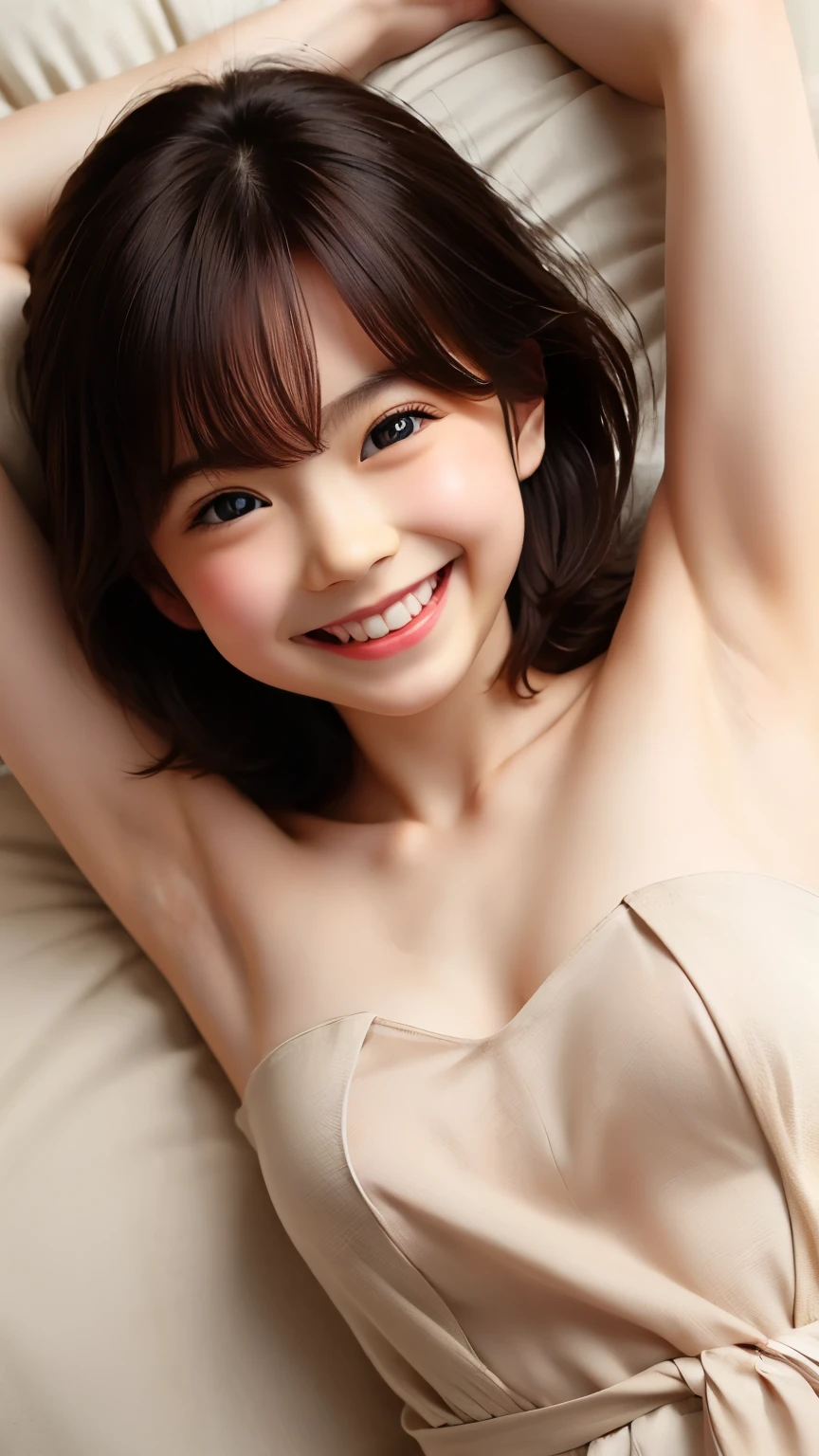 highest quality, High resolution, realistic pictures, detailed skin texture, Cute 12 year old Japan girls, towards the camera, slim body shape, (flat chest:1.2), charming gaze, Fair skin, baby face, smile showing teeth, At the bed, white underwear,  (****:1.2)