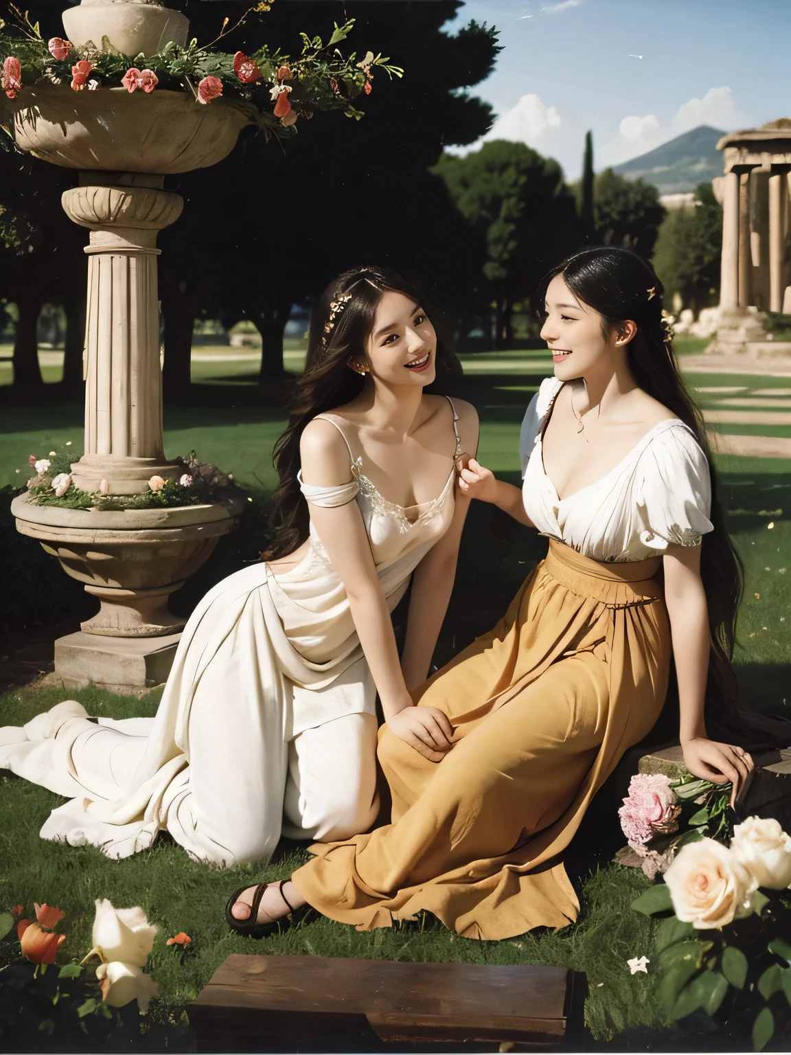 full body portrait or statue、Giorgione painting style,Arguments of two female Philosophe,math、astronomical machine、astronaut、roses in vase、fruits、Cute trinkets、smile、ancient greek costume、Ancient Roman landscape in the style of Nicolas Poussin,laughter,,Sweet and seductive appearance.、Caravaggio's paintings、Chiaroscuro of Caravaggio、hair tousled by the wind,Two women frolicking,cute smile, expression of ecstasy,Sexy,erotic,