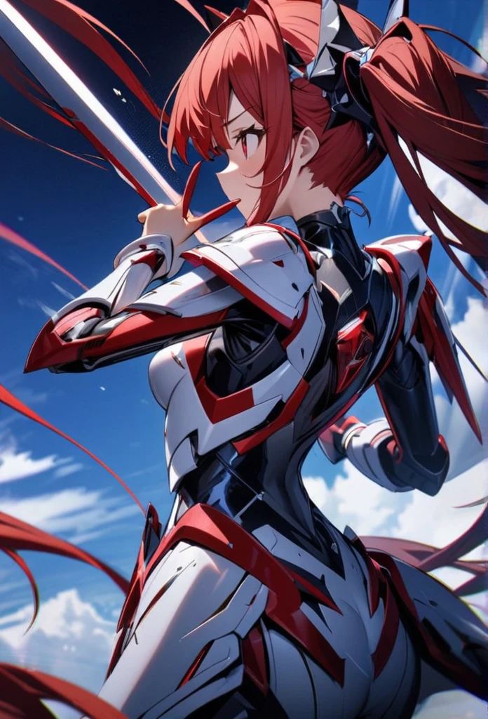 High quality, high definition, hig
h precision images,8k 1 Girl Robot Girl、red hair,Twin tails,Red eyes,
decoration、 ,(red and white clothing Hold it with one hand),,He's wearing flashy robot armor.Holding a red and white long sword,、Blue sky.Flying in the sky,Figure moving at high speed side view,shot from a distance
protector for face and head,show the whole body
back view,look back、wink, V sign