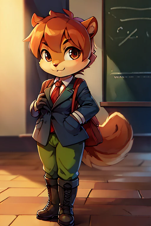 boy, squirrel, furry, bodyfur, blazer, bottomless, green tights, gloves, boots, school, school bag, kids