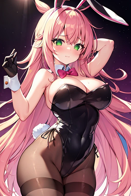 1girl, bunnysuit, bunny ears, pink hair, green eyes, wavy hair, hair over eyes, long bangs, bangs over eyes, shy, wavy mouth, black leotard, rabbit ears, huge breasts, thick thighs, pantyhose, bowtie, cleavage, red bowtie, wide hips, mature female, tall, tall female