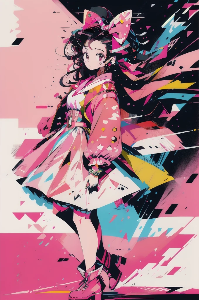 1girl, aerith gainsborough, choker, cropped jacket, hair bow, bracelet, pink dress, brown boots, (masterpiece, best quality, high quality, highres, ultra-detailed),