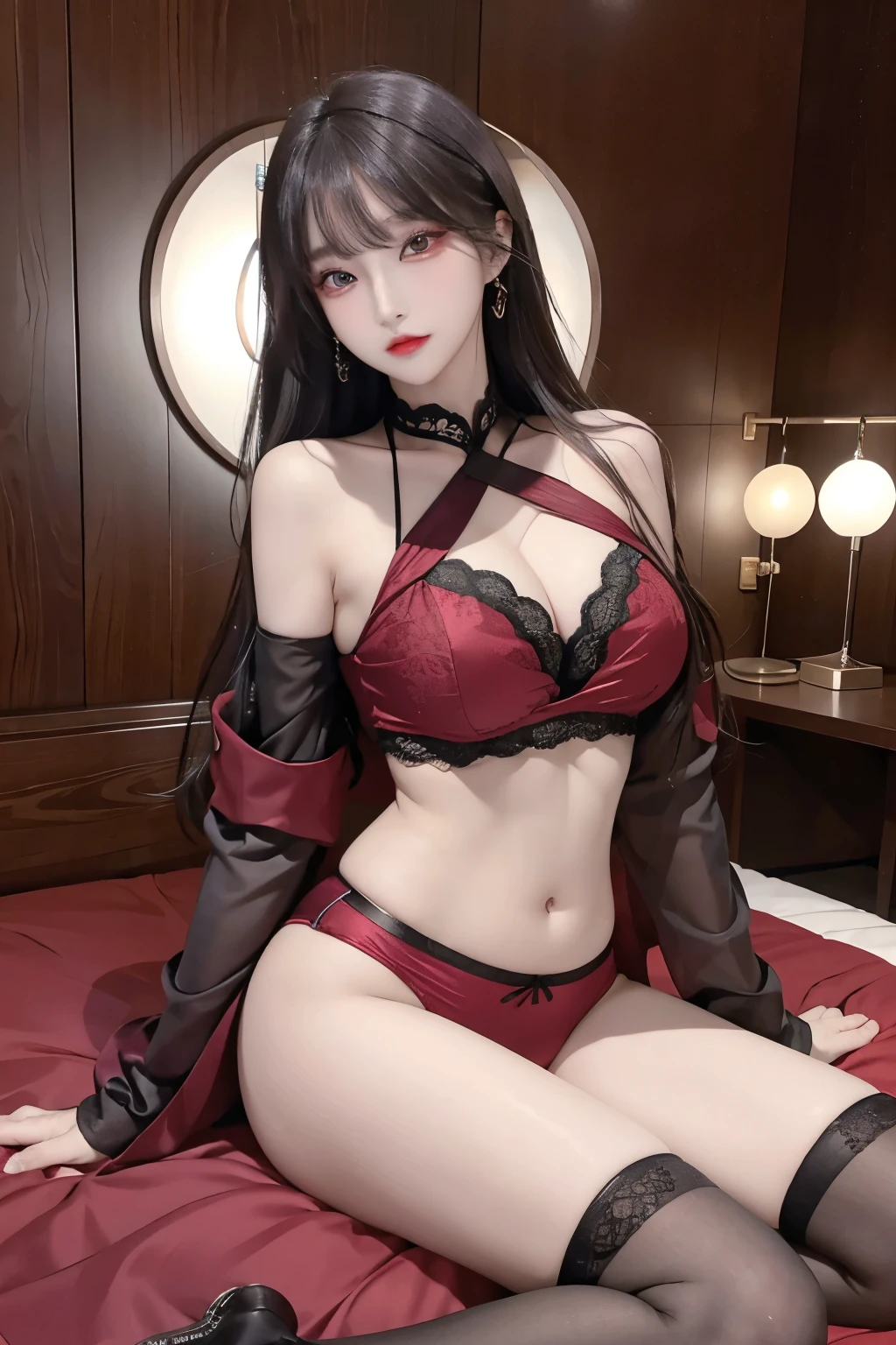 Top image quality、Raw photography、A high resolution、20-year-old cool Korean、big round chest、silk jacket、sexy red lace underwear、Beautiful Eyes of Details、very elongated eyes、Beautiful eyelashes、Beautiful double eyelids、eyeshadows、long legs,medium thighs, beautiful eyes finely detailed、elongated eyes、long eyeslashes、Beautiful double eyelids、eyeshadows、earrings、shiny skin、 1 girl, solo, chuppy girl,