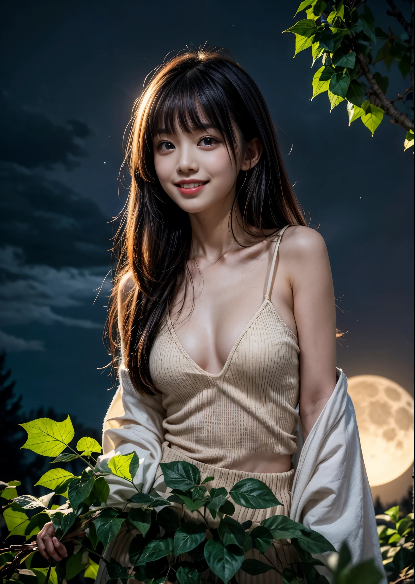 A woman in a heart-shaped hole in an ivy leaf wrapped around a thick tree、Cute 、smile、Slim body、Long hair with bangs、A small light shines in the hole.、in the forest、Yellow Moon Night、The moon is half hidden by clouds、Sharp images、High color reproducibility、Attention to detail、live-action、Alluring、