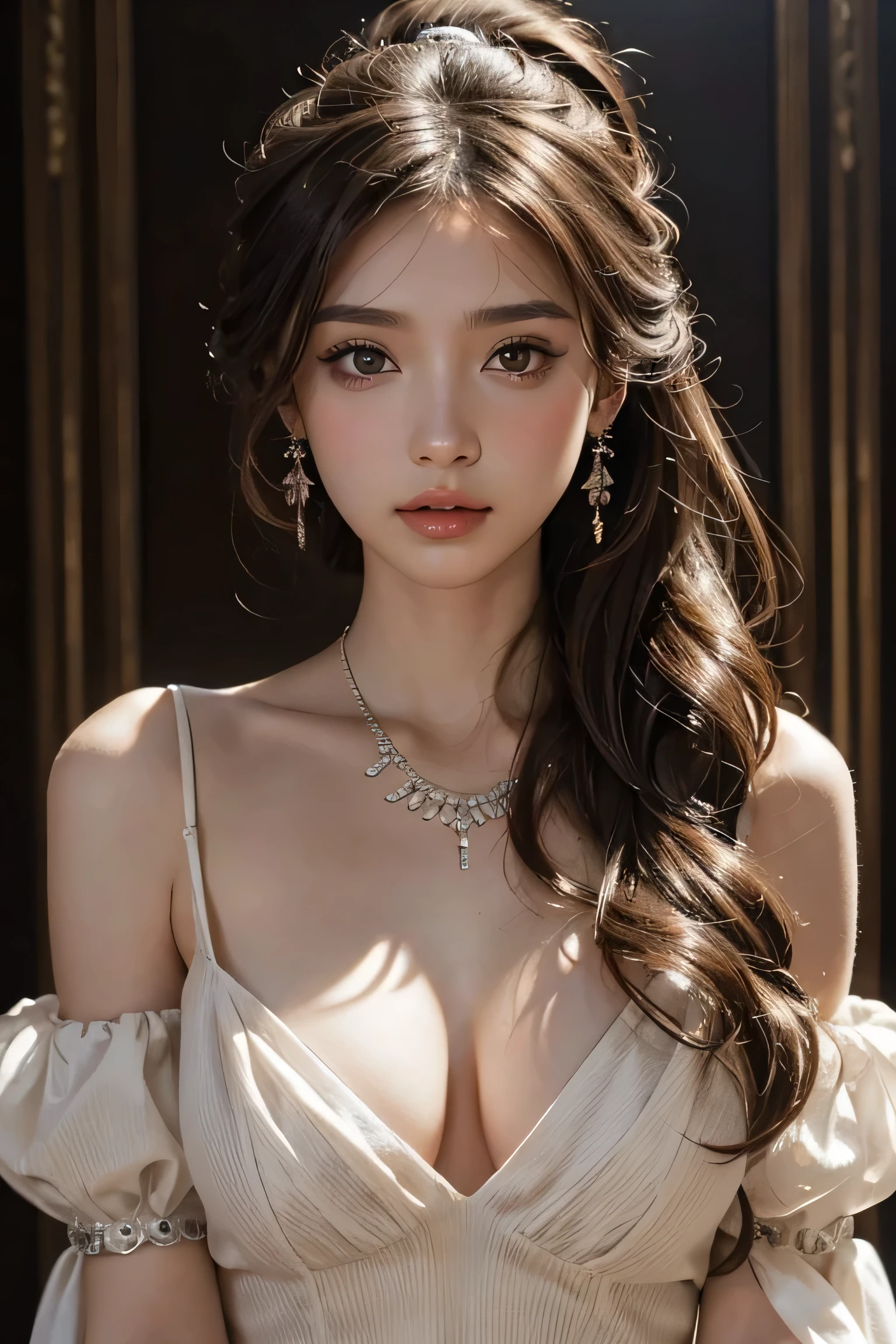 1girl, solo, jewelry, dressed in an elegant off-the-shoulder gown, white dress, necklace, earrings, long hair, brown hair, breasts, cleavage, bare shoulders, looking at viewer, lips, brown eyes, parted lips, simple background, ponytail, upper body, medium breasts, dress, brown background, dynamic composition, masterpiece, lens 28mm.f,1:2,ev-0.2,48k, SUHD --v 6.0 --s 800