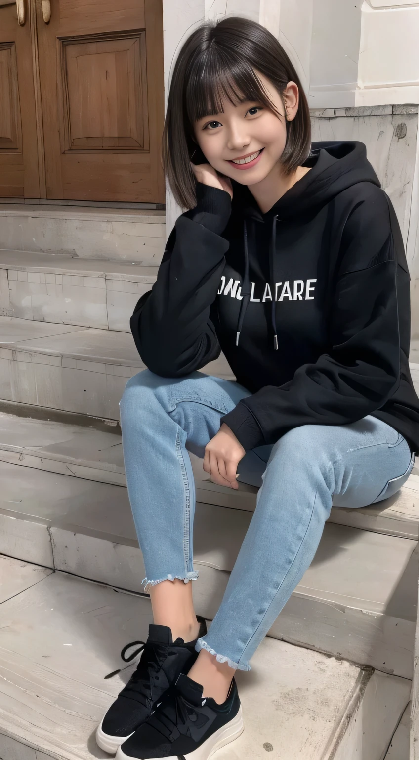highest quality, Realistic, Very detailed, Finer details, High resolution, 8k wallpaper, One beautiful woman,Sit on the stairs、(Wear black socks)smile、(Beautiful teeth alignment、)(Gums are visible) Oversized hoodie, Skinny jeans,( Black sneakers)、Black Hair、 Beautiful Bangs、ear piercing、Perfect dynamic composition, Beautiful and detailed, Full Body Shot, A big smile